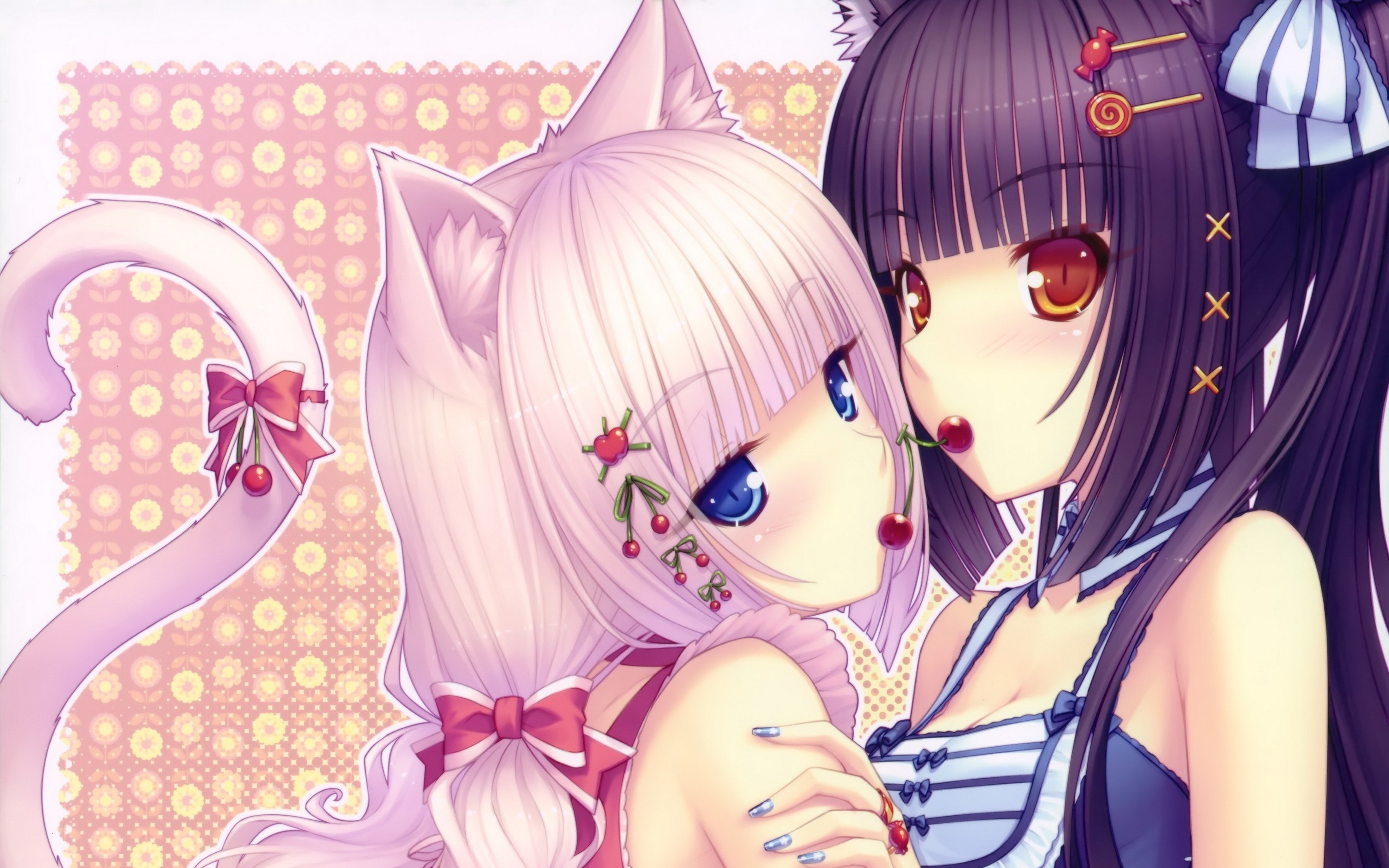 Anime cat girls with cherries HD Wallpaper