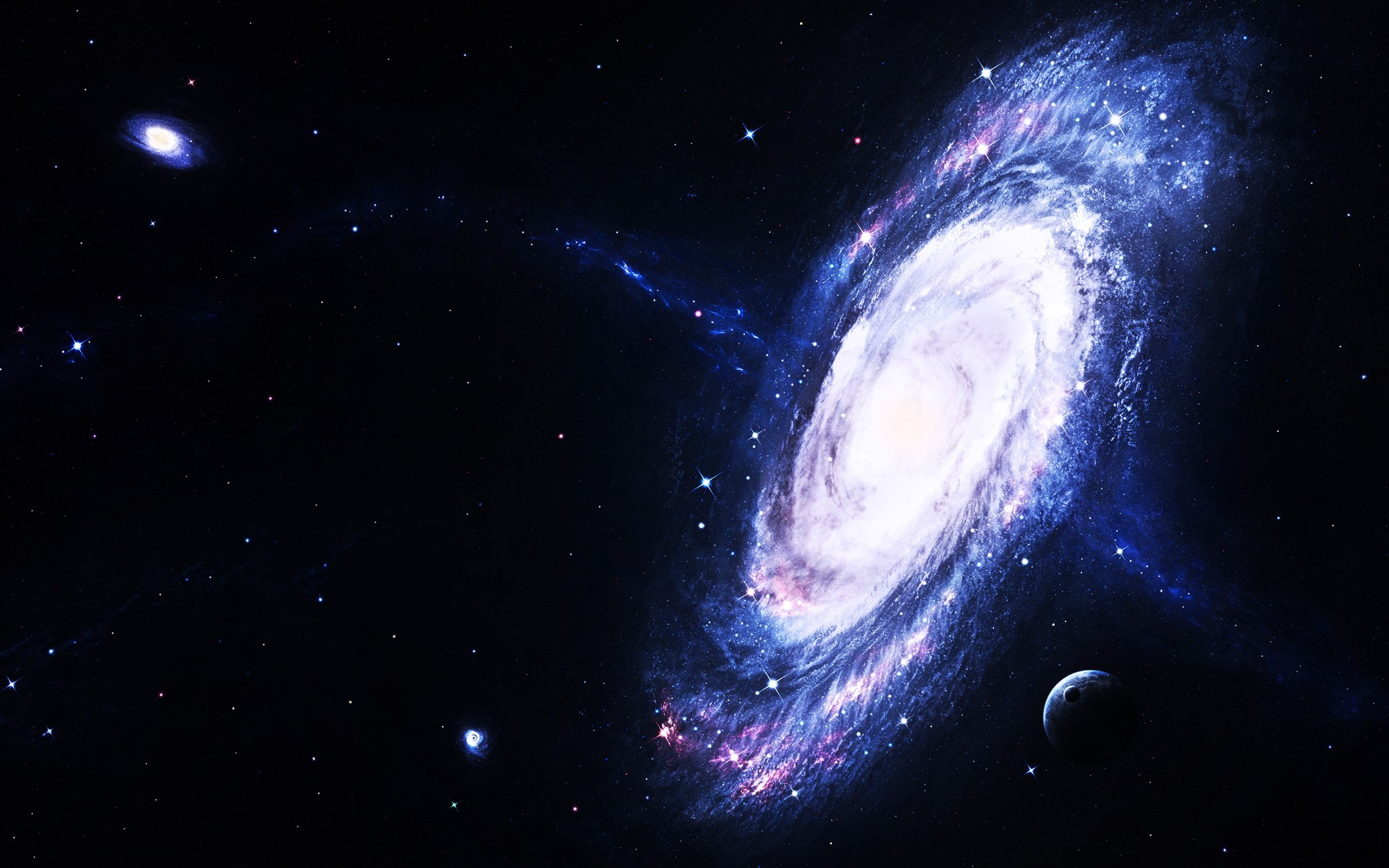 Spiral galaxy with a planet in space HD Wallpaper