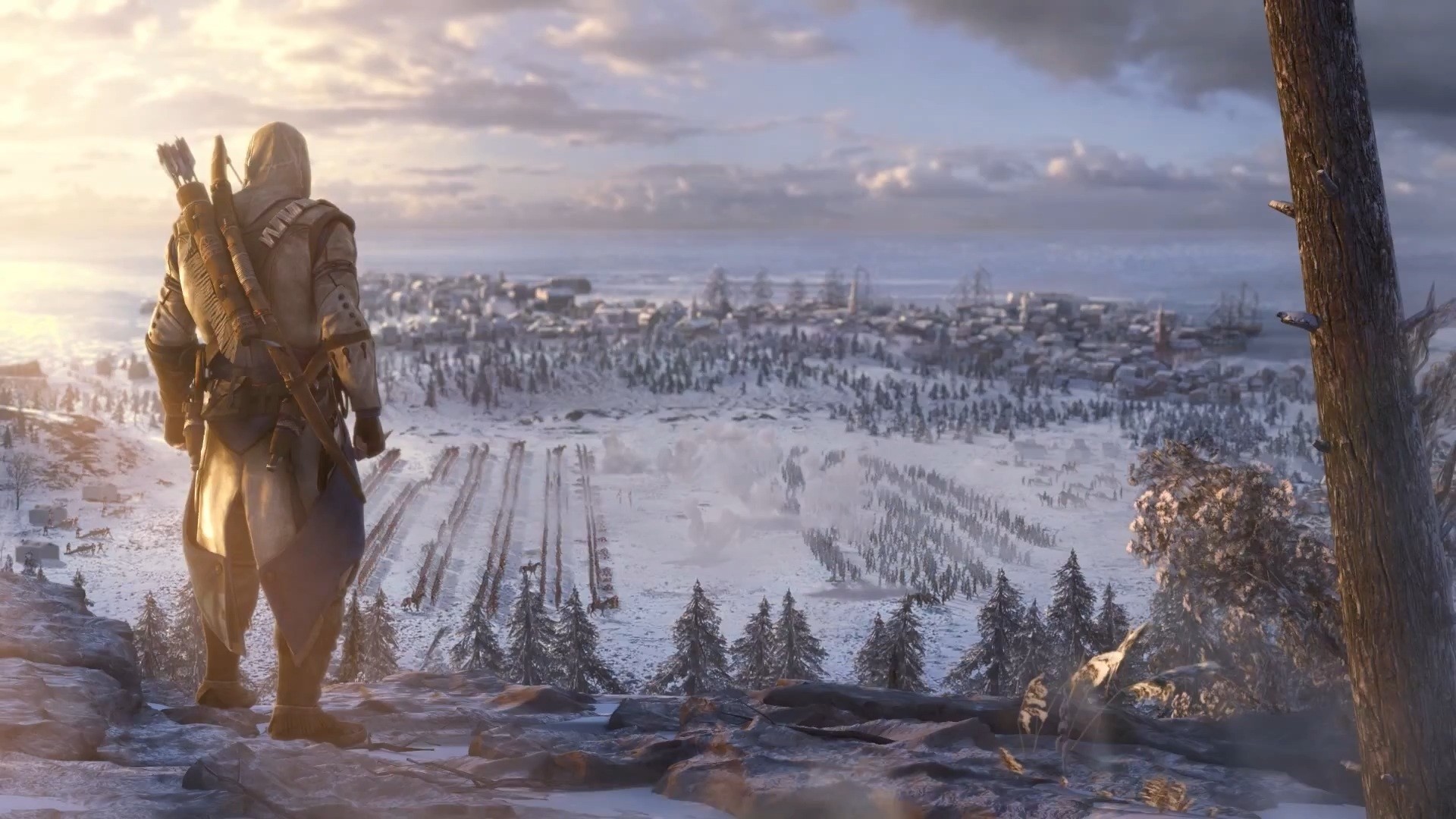 Assassin's Creed III: Connor overlooks a snowy landscape HD Wallpaper