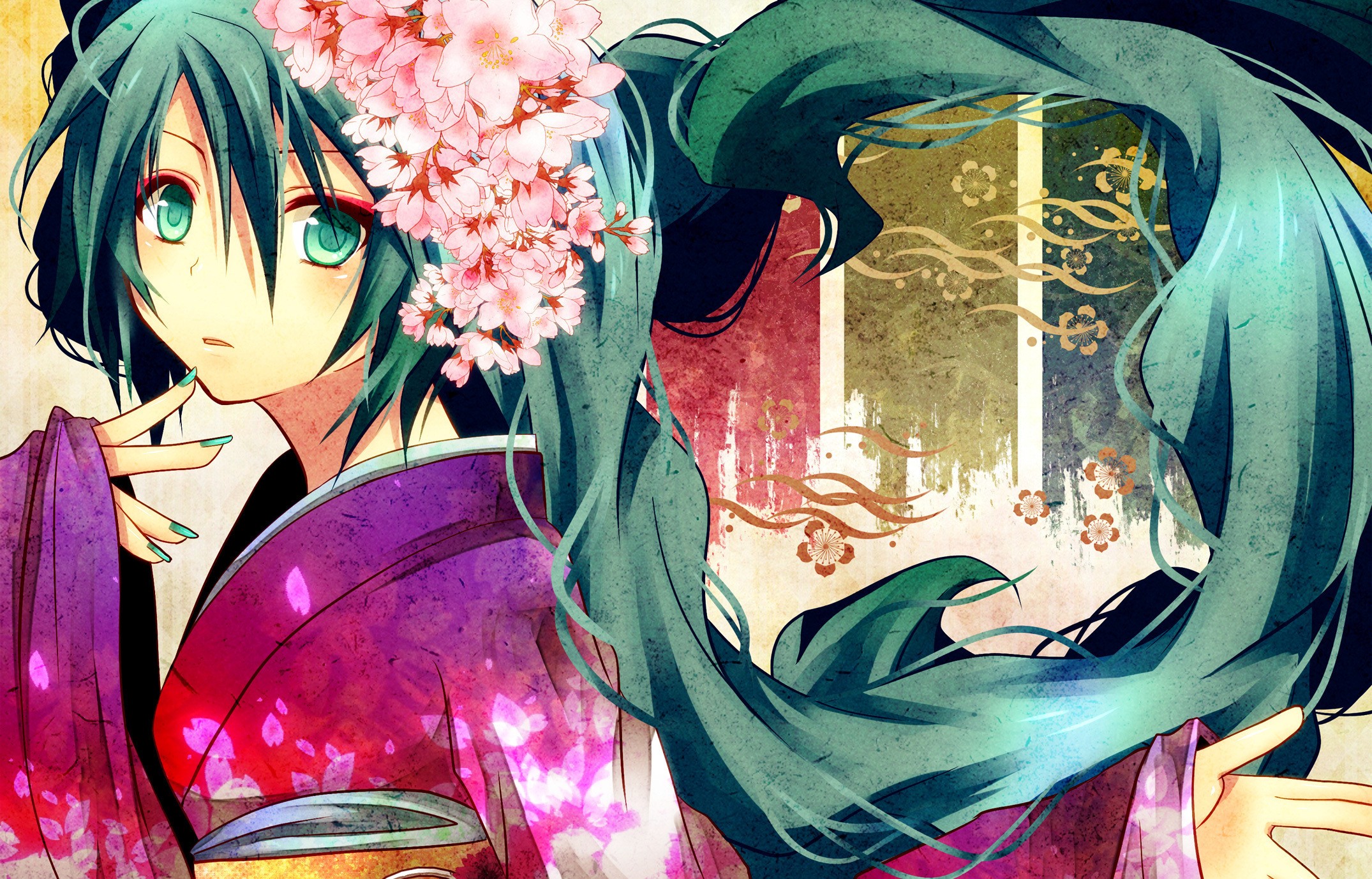 Hatsune Miku in a Kimono with Cherry Blossoms HD Wallpaper
