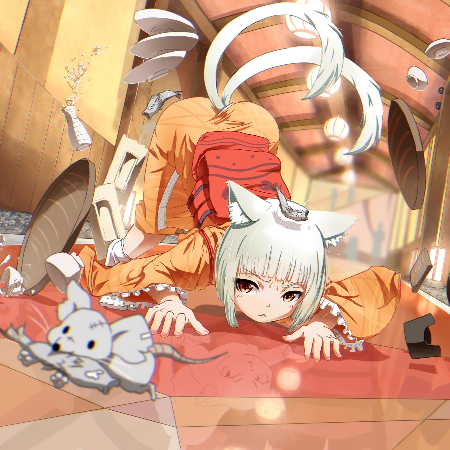 Anime cat girl and mouse in a chaotic restaurant HD Wallpaper