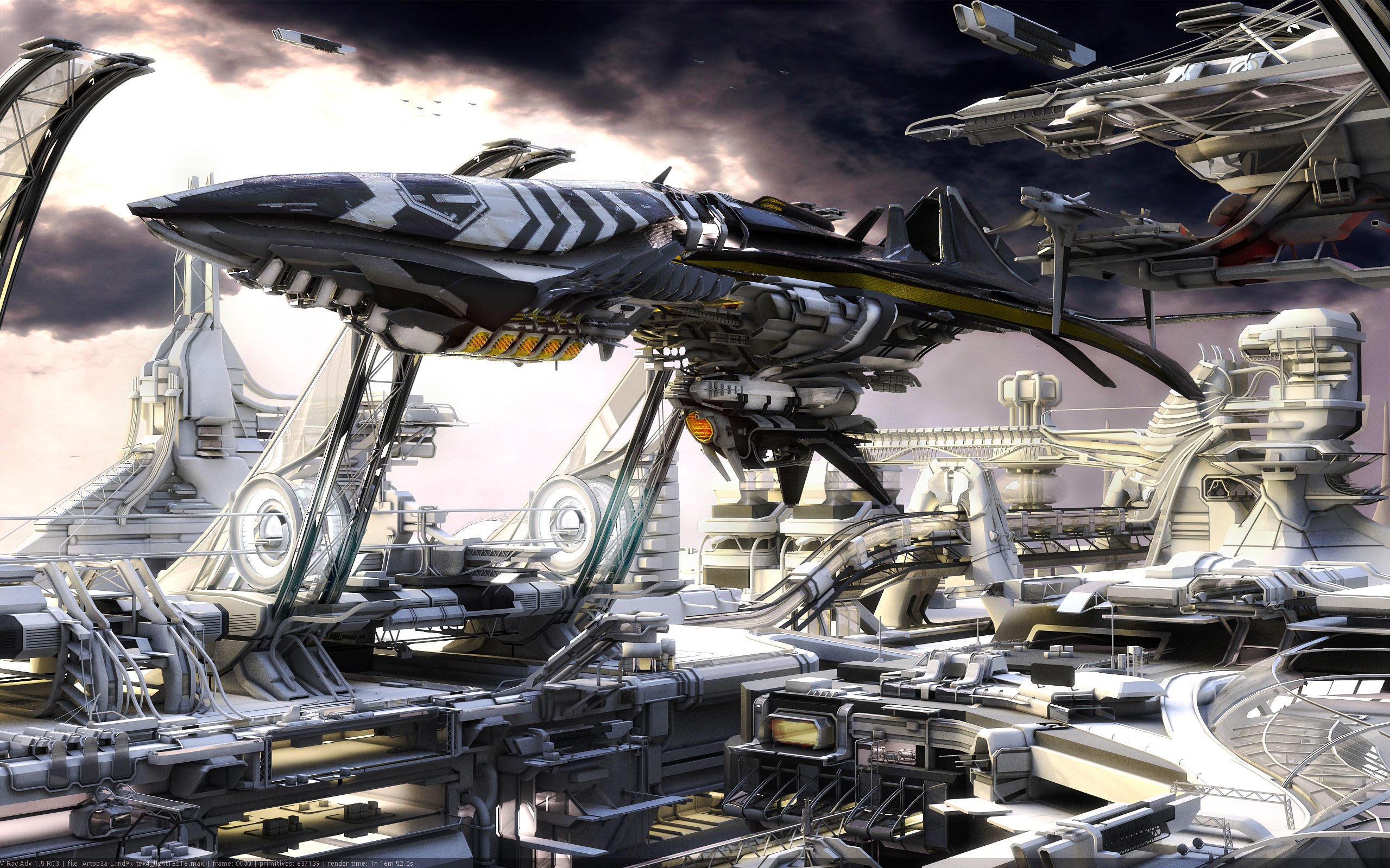 Futuristic spaceship docked at a science fiction spaceport HD Wallpaper