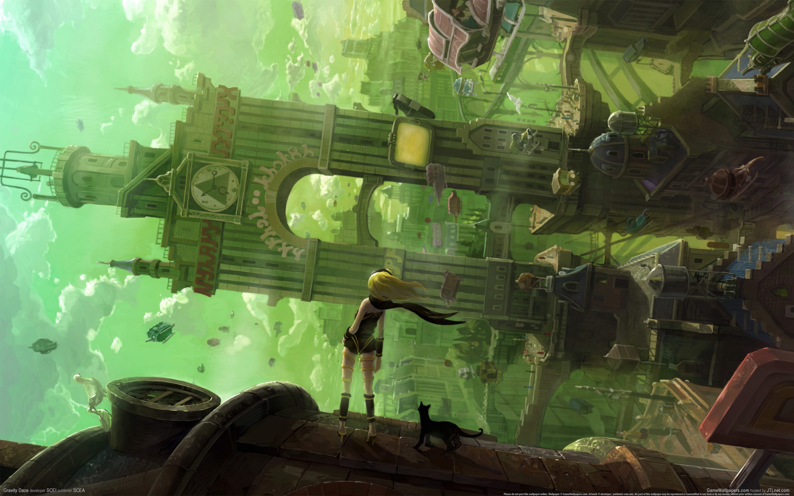 Gravity Rush: A girl and a black cat in a floating city HD Wallpaper