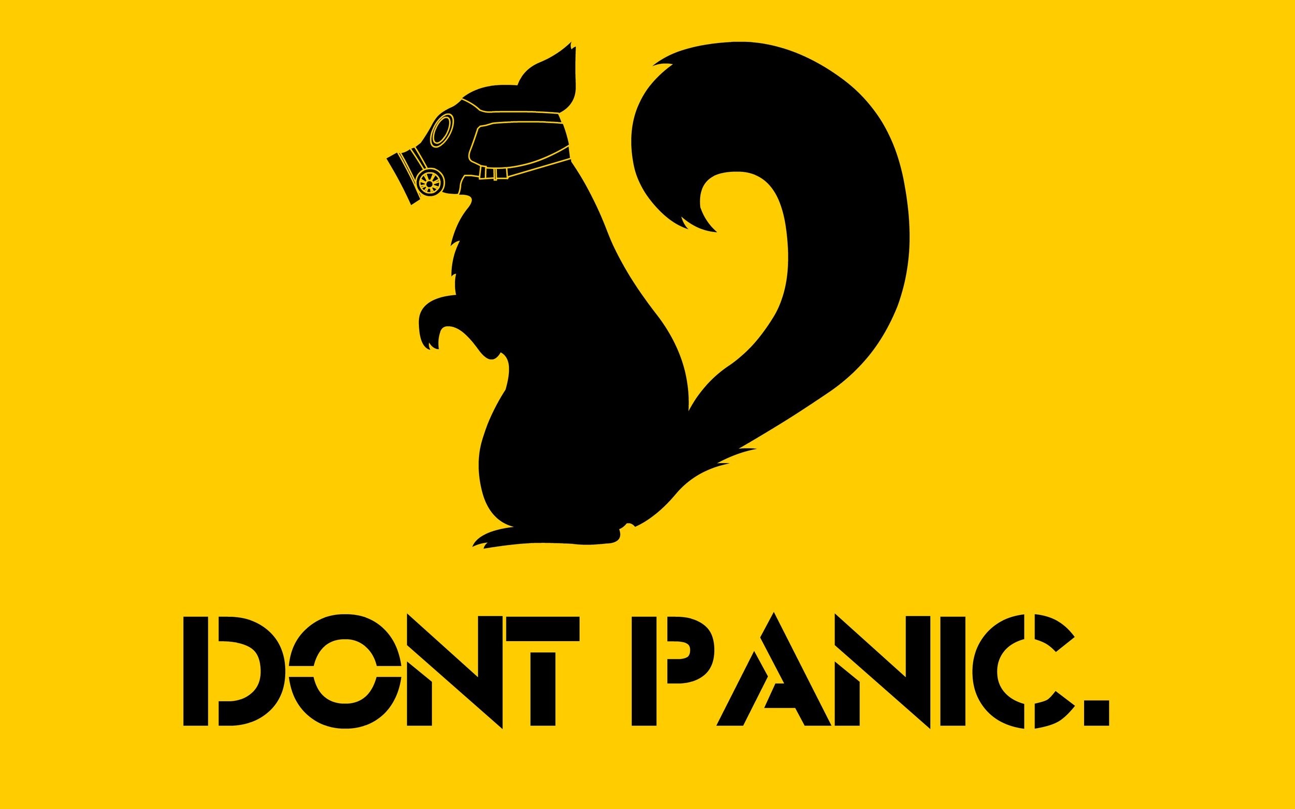 Black squirrel with gas mask and "DON'T PANIC." HD Wallpaper