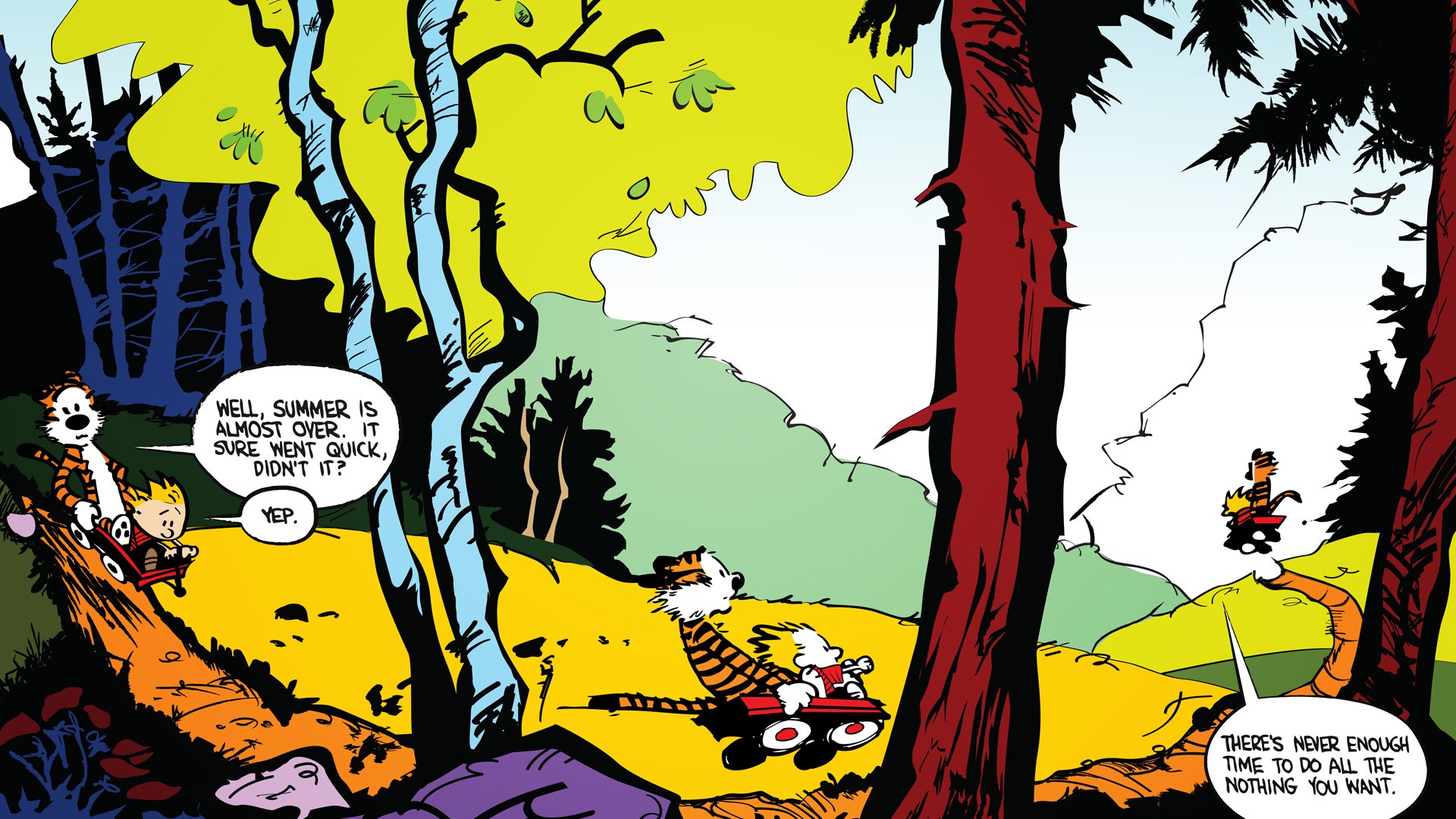 Calvin and Hobbes ride wagons in a colorful forest HD Wallpaper