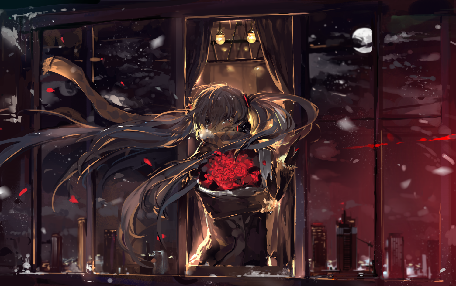 Hatsune Miku holding red flowers in winter HD Wallpaper