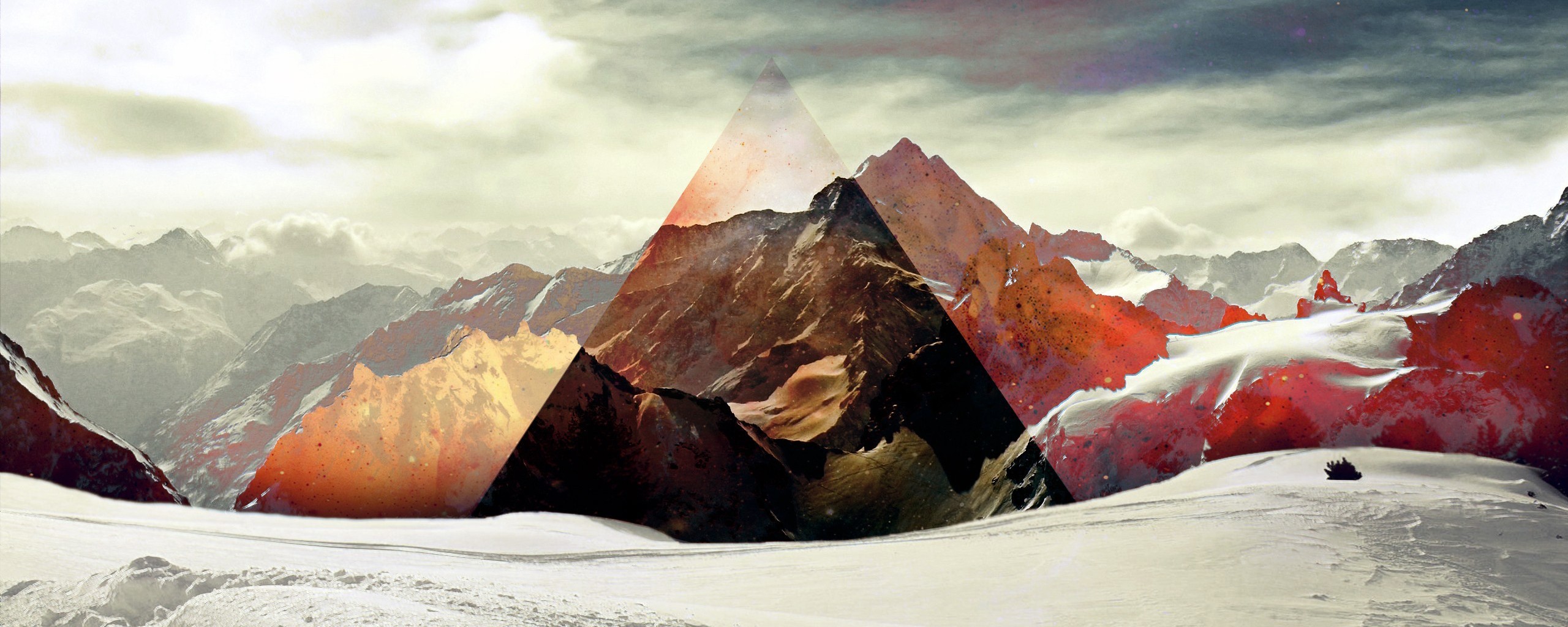 Geometric mountain landscape with snow and red accents HD Wallpaper