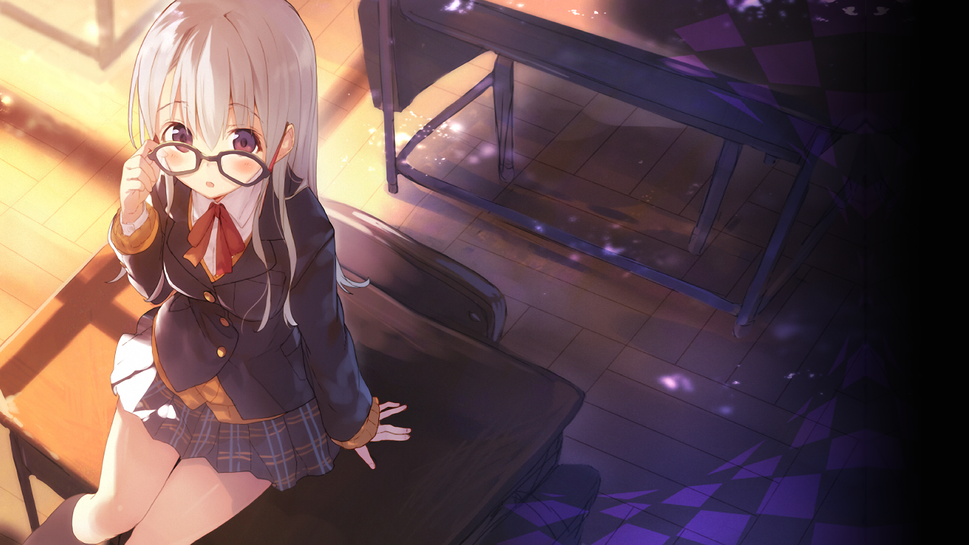 Anime girl with glasses in school uniform HD Wallpaper