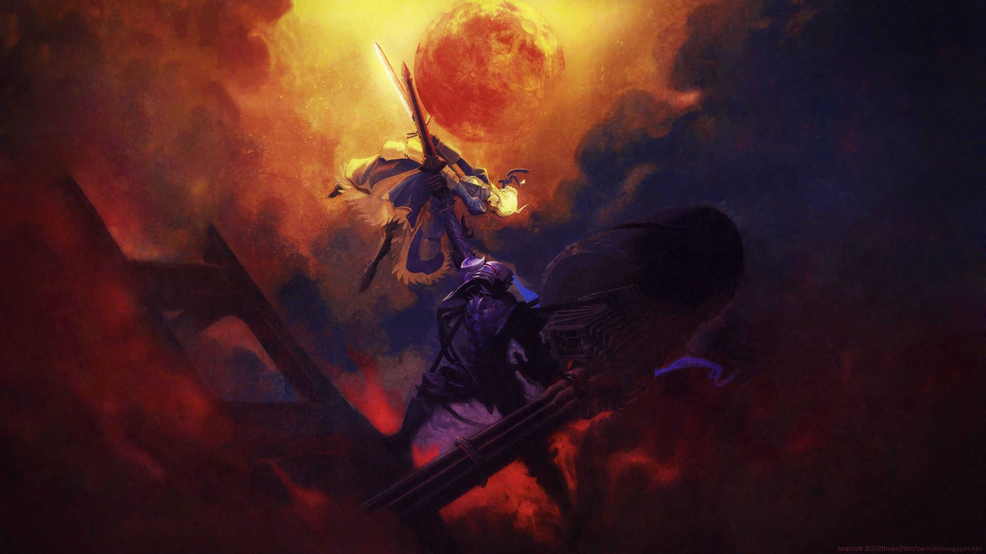 Saber and Berserker fight under a red moon HD Wallpaper