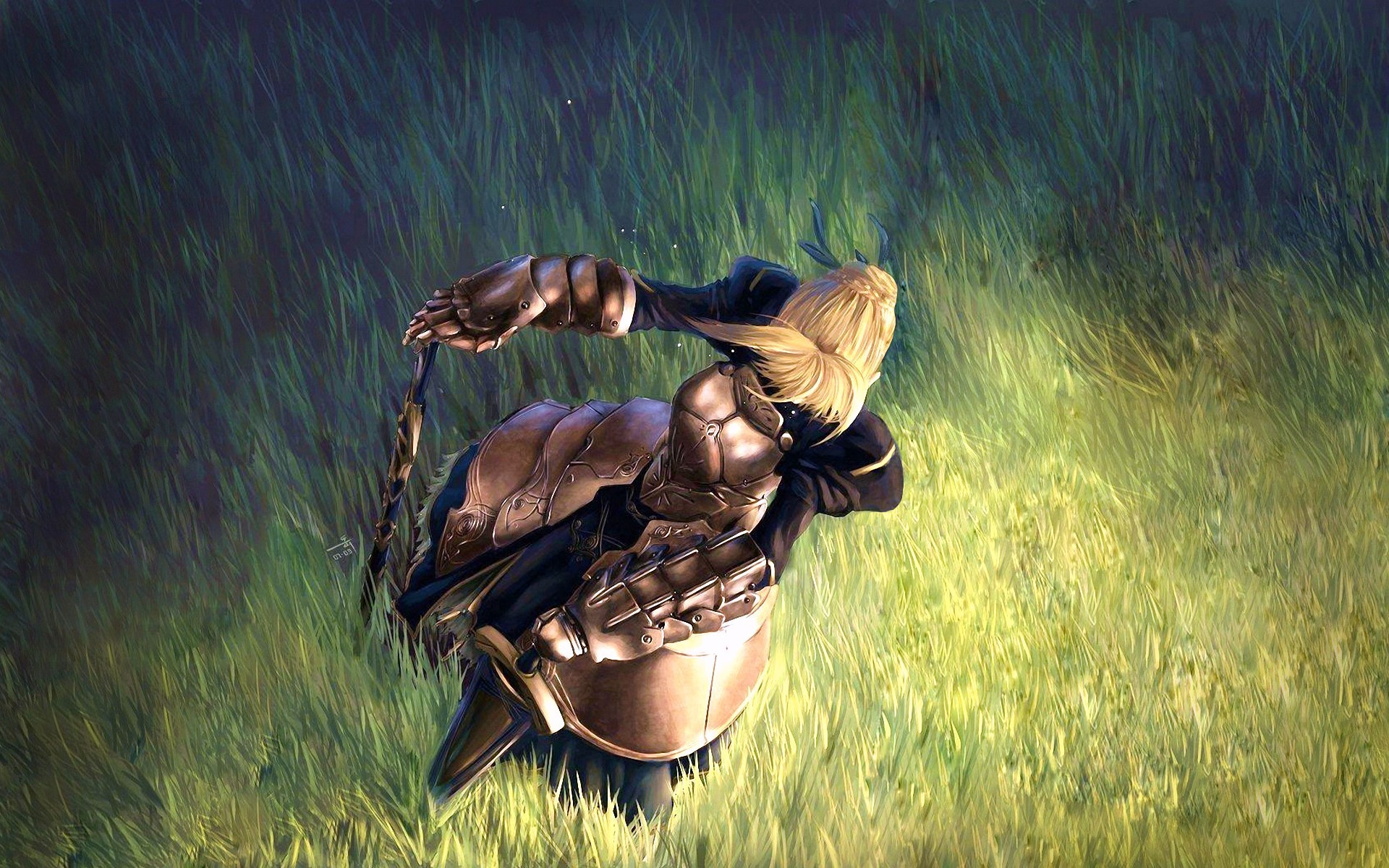 Saber from Fate Series in a grassy field HD Wallpaper