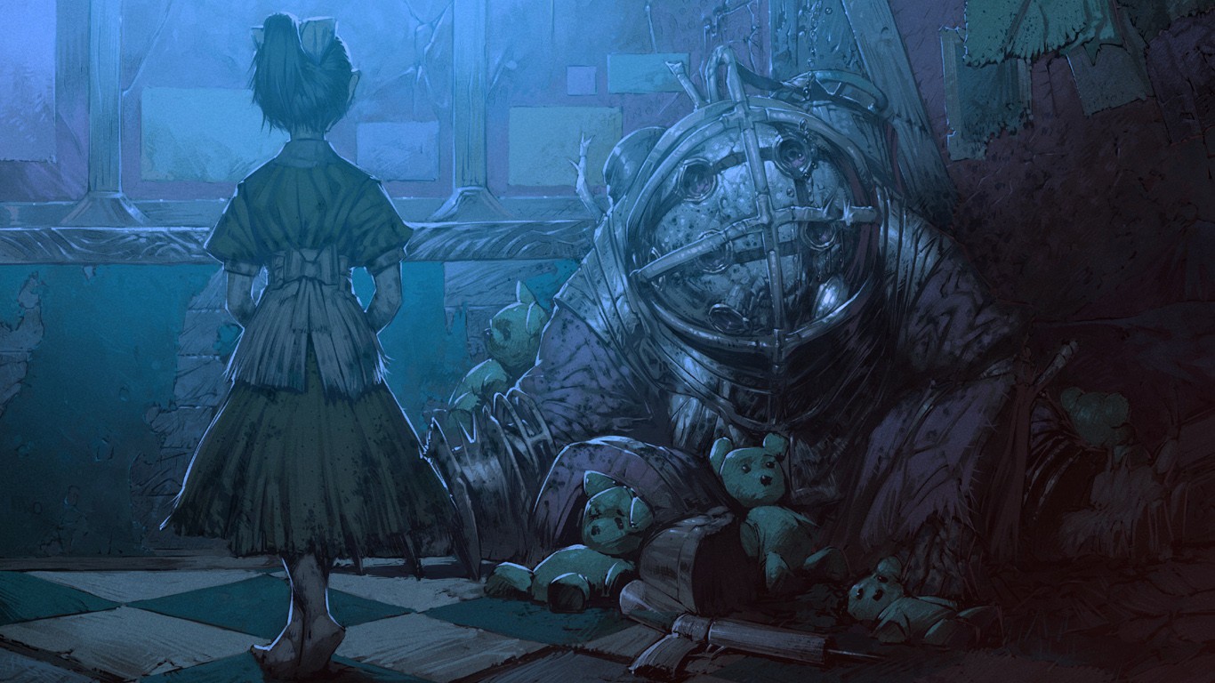 BioShock Little Sister and Big Daddy with teddy bears HD Wallpaper