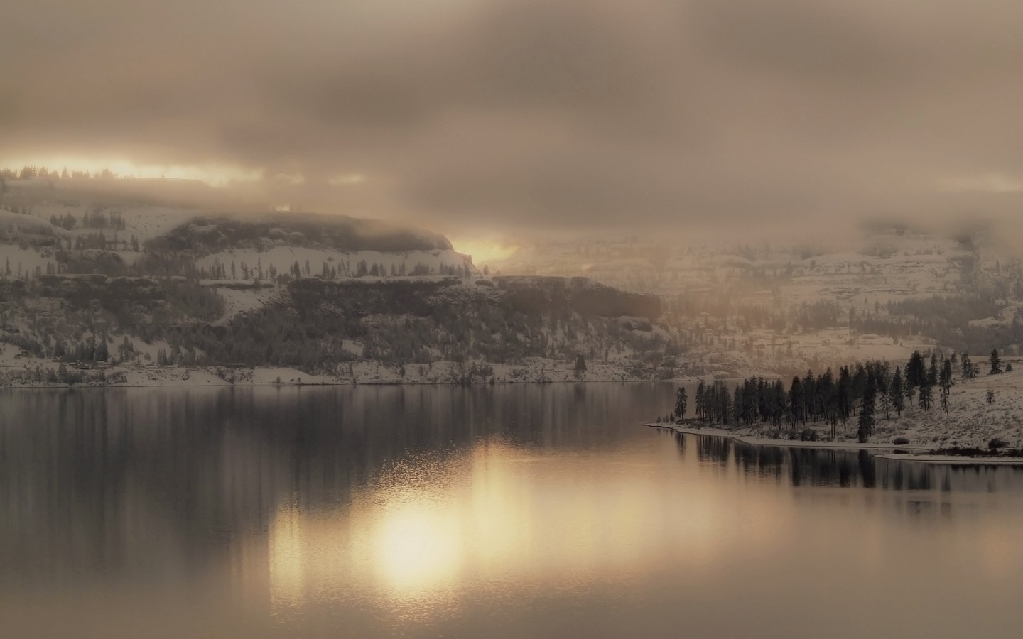 Winter landscape with snow-covered mountains and a lake HD Wallpaper