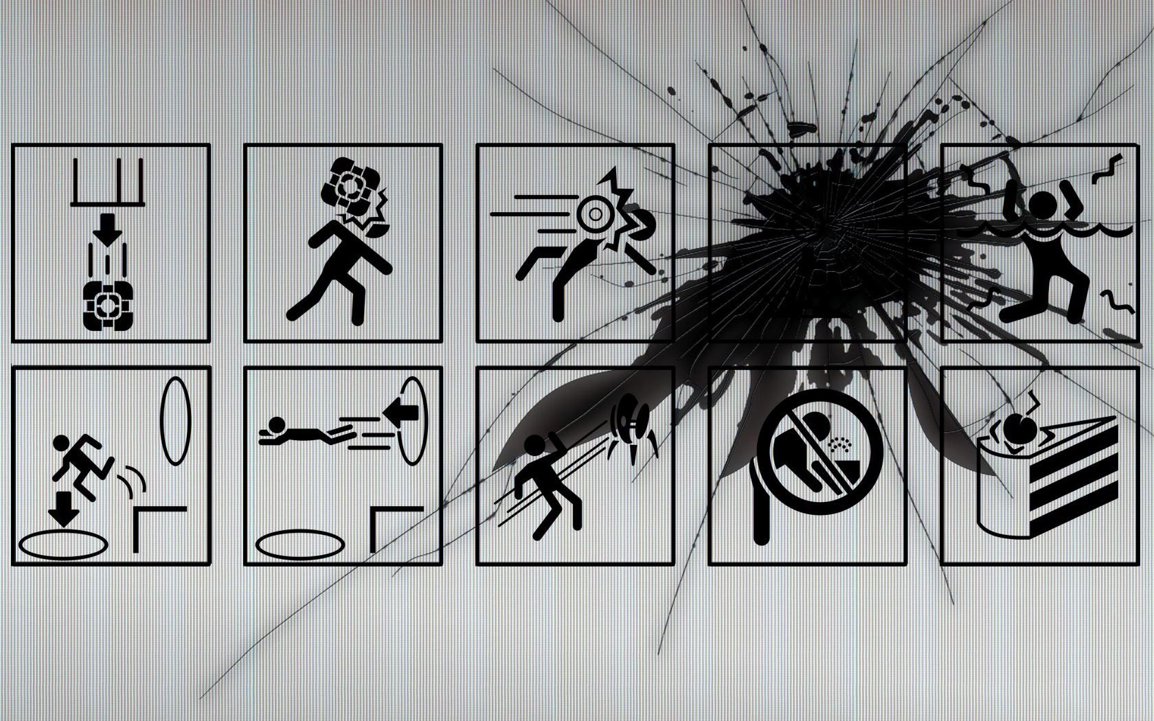 Portal game icons on a cracked screen HD Wallpaper