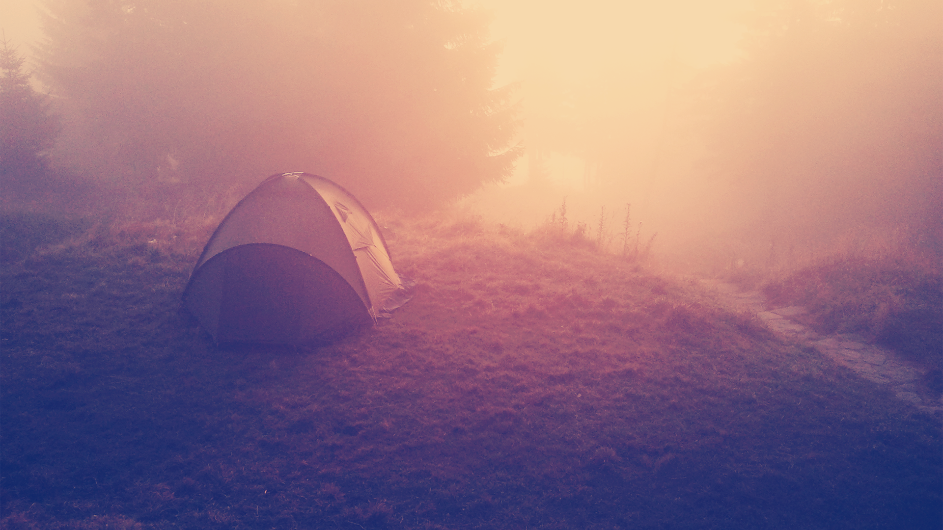 Tent in the mist at sunrise HD Wallpaper