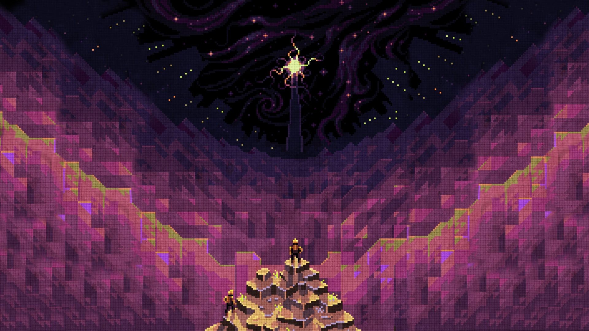 Pixel art of a cosmic tower and figures HD Wallpaper