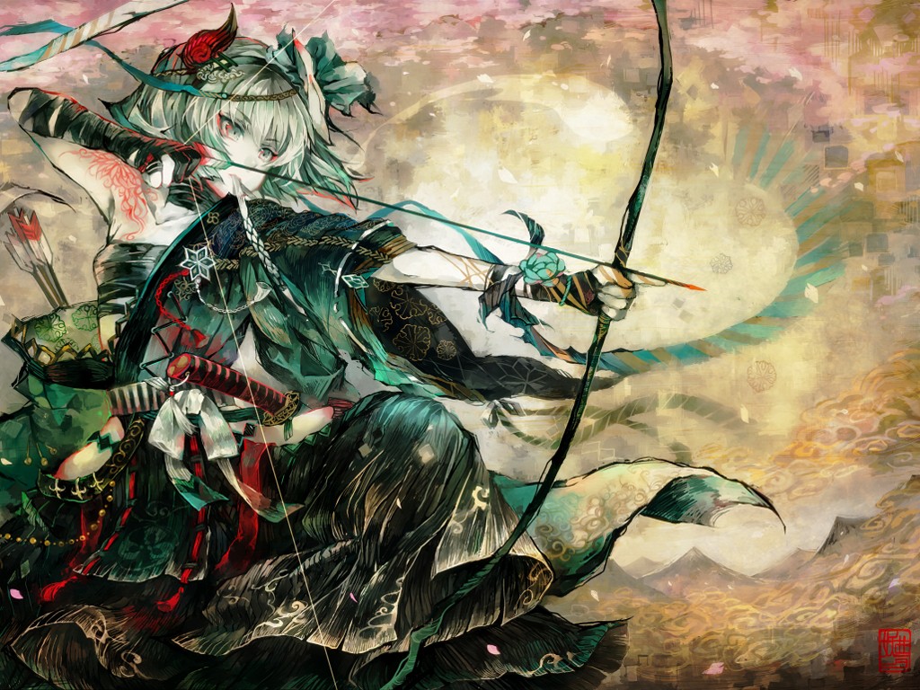 Konpaku Youmu from Touhou drawing a bow HD Wallpaper