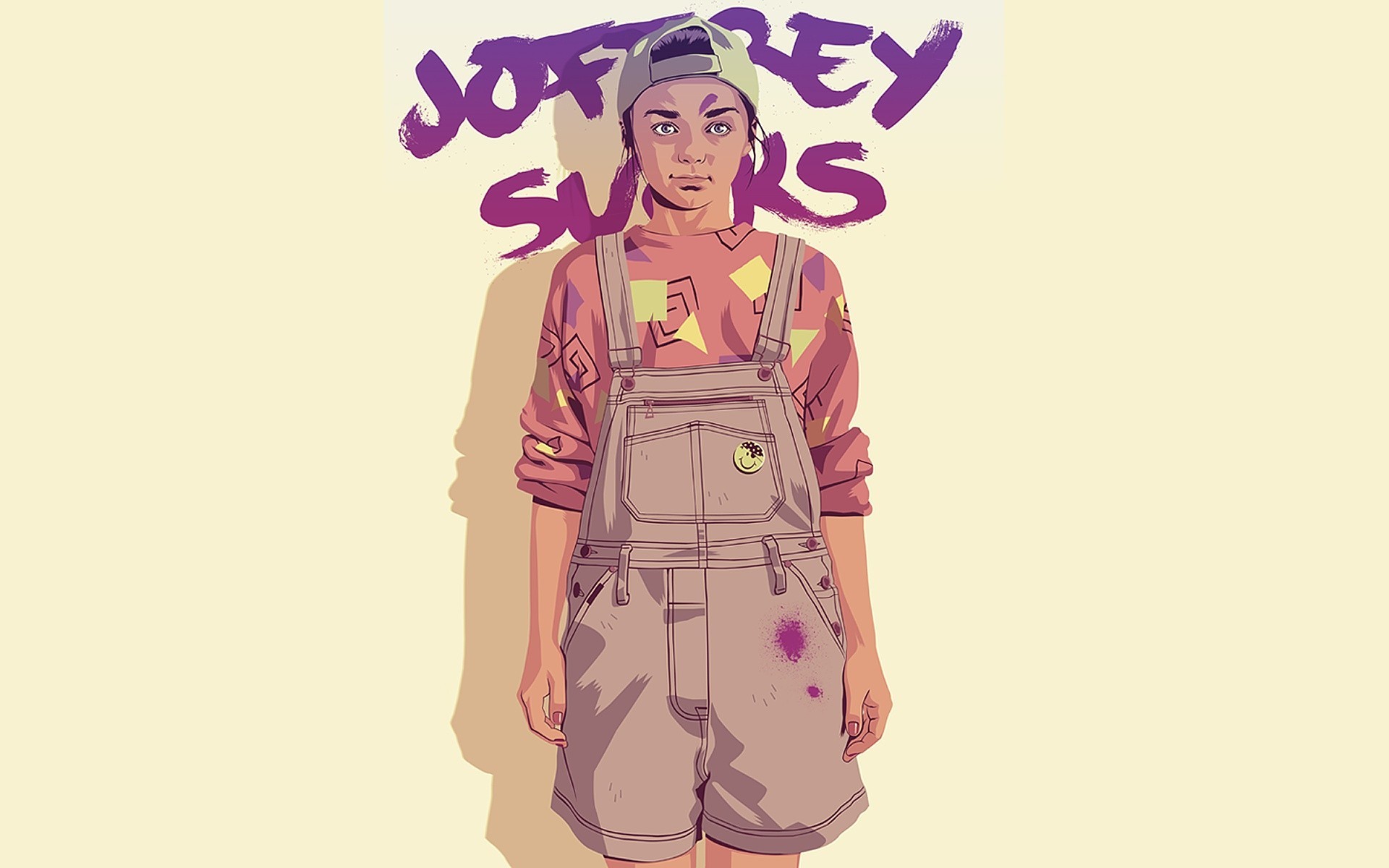 Girl in overalls with purple text HD Wallpaper