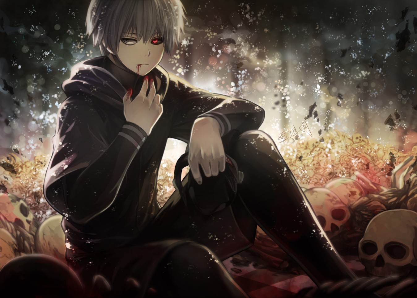 Kaneki Ken from Tokyo Ghoul sitting among skulls HD Wallpaper