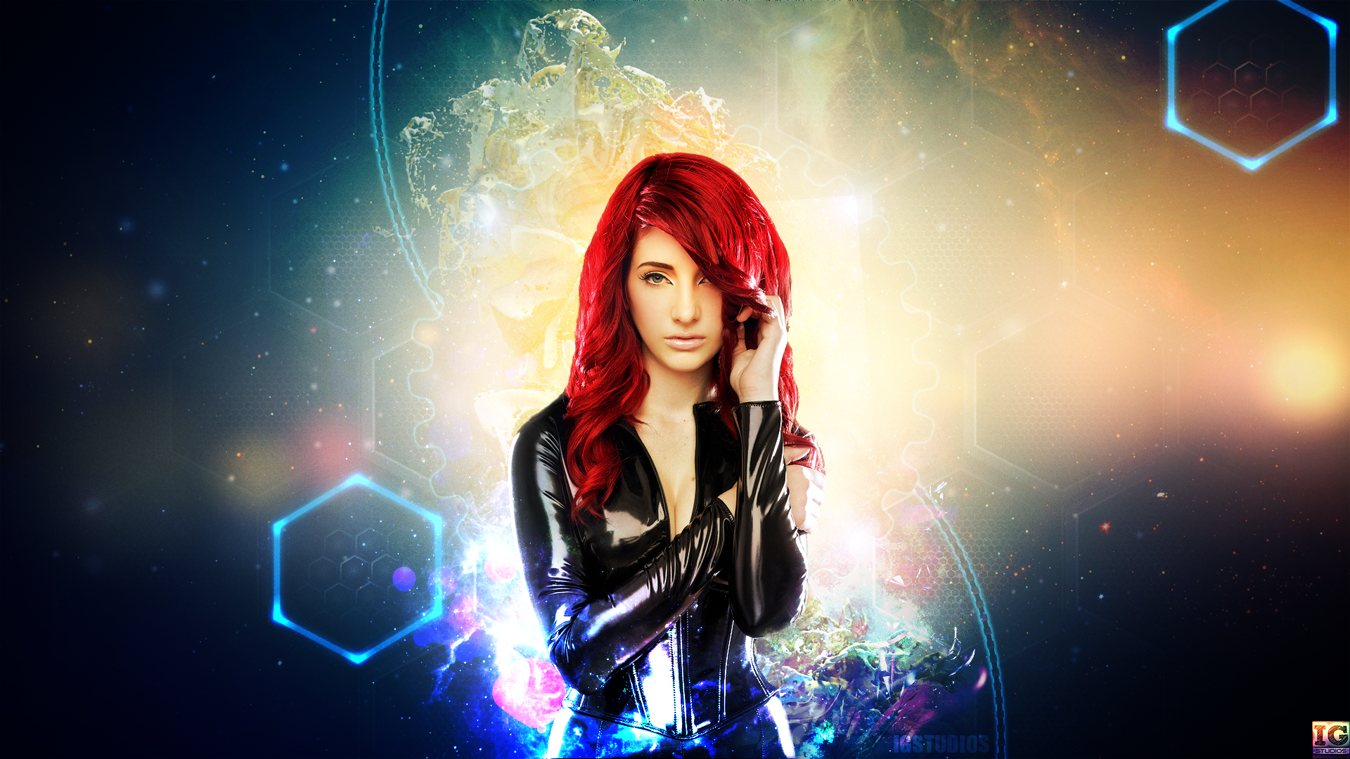 Susan Coffey in a black leather outfit in space HD Wallpaper
