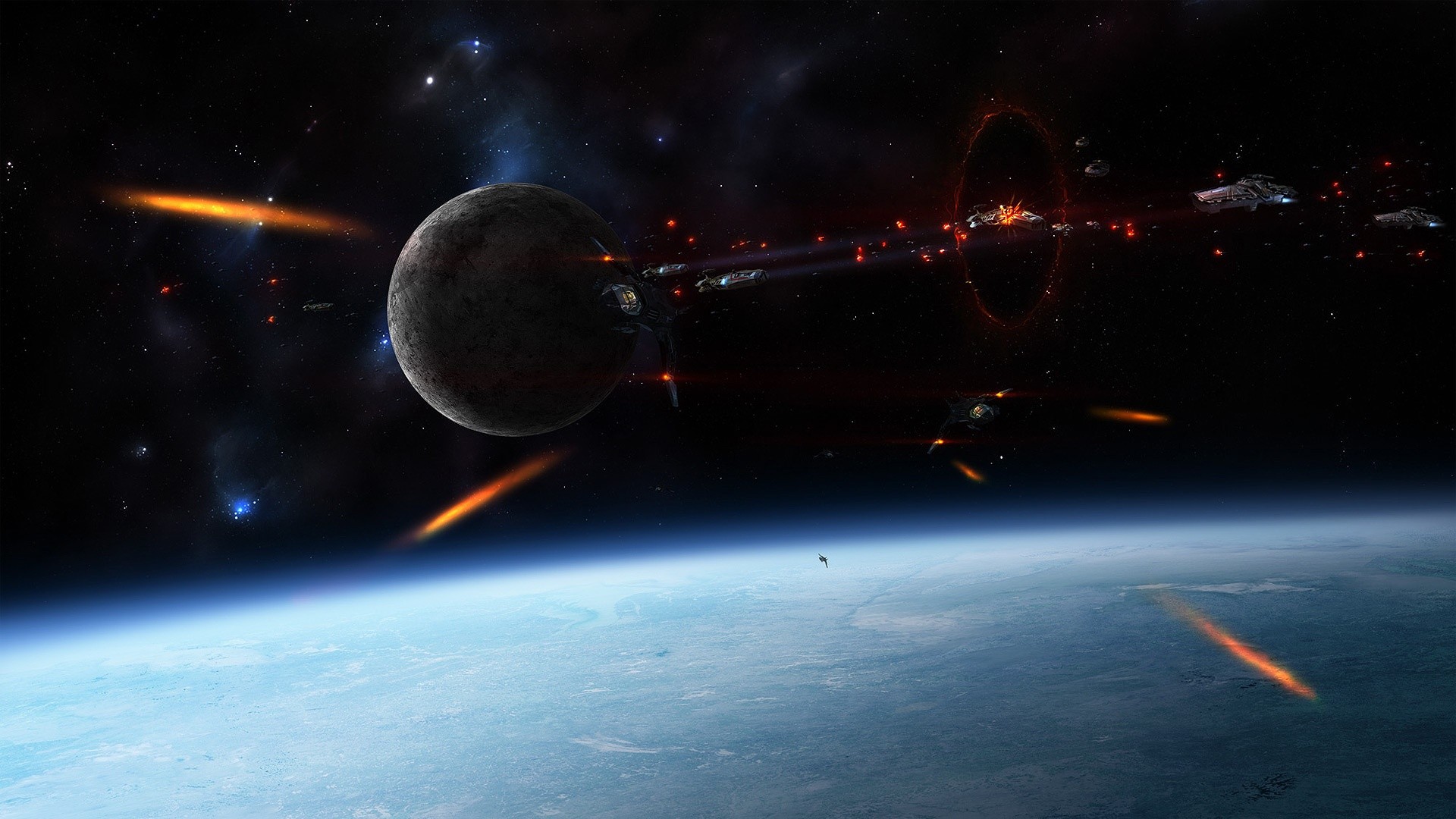 Space battle near a moon and Earth HD Wallpaper