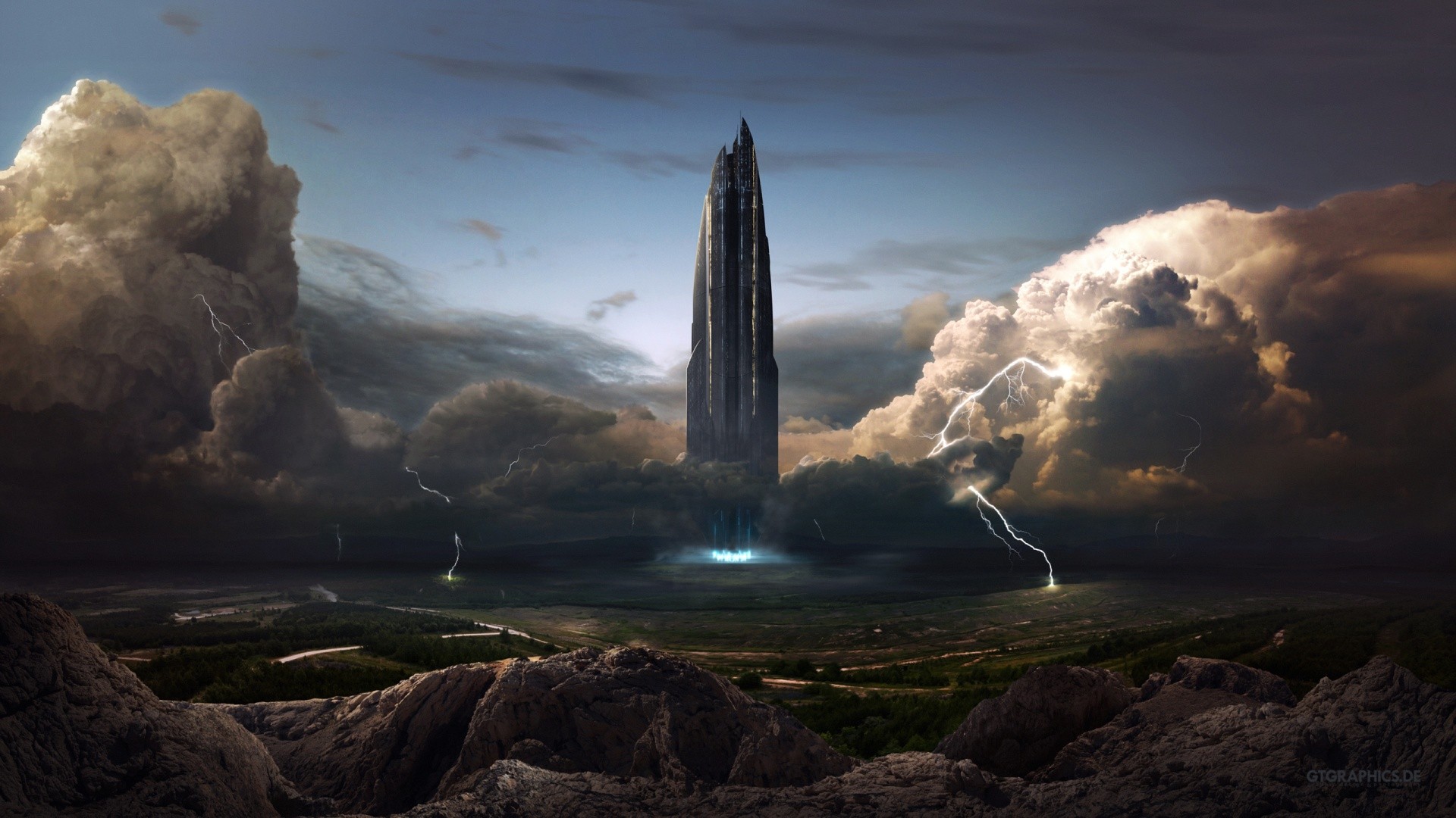 Futuristic tower amidst stormy skies with lightning HD Wallpaper