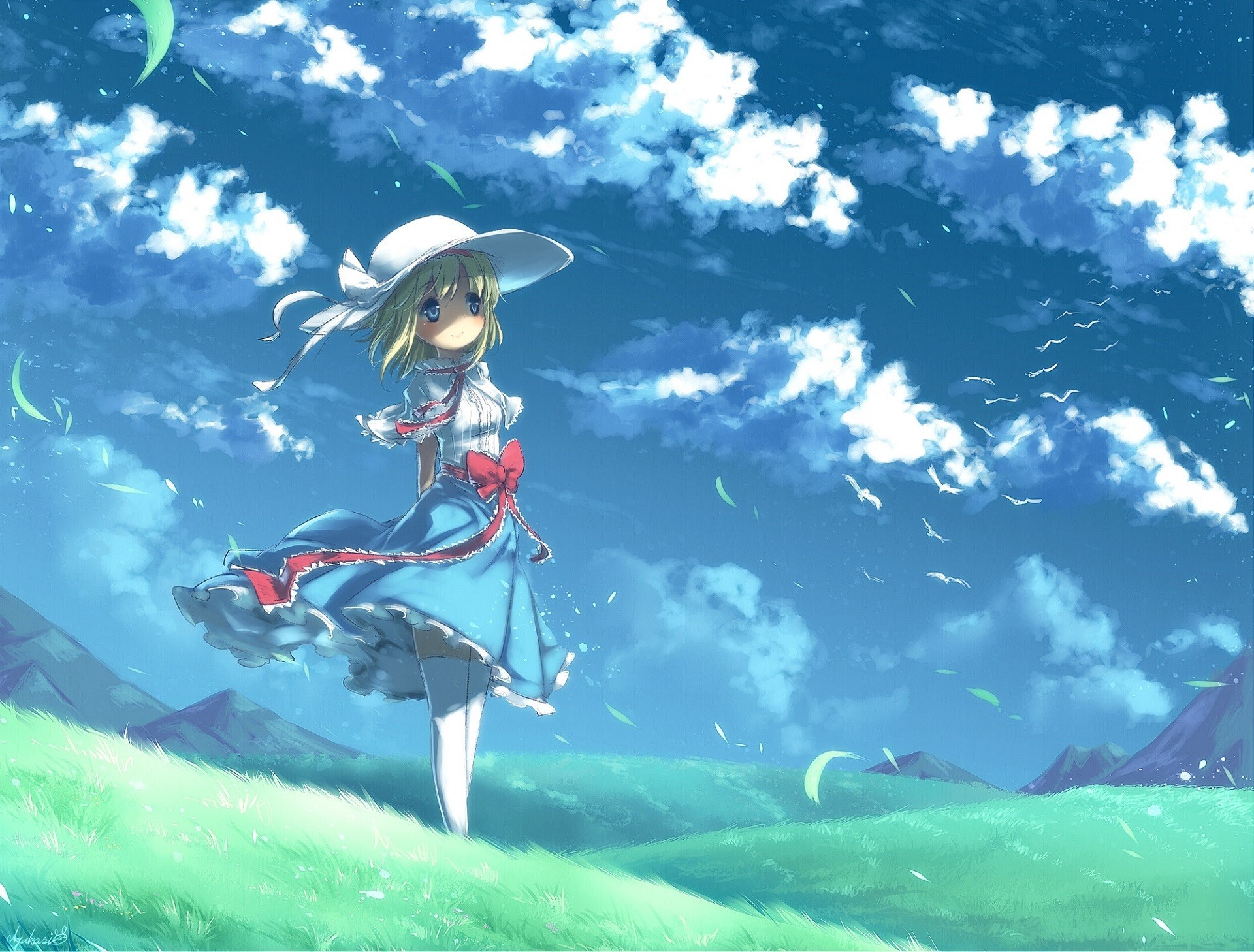 Anime girl in a blue dress in a grassy field under clouds HD Wallpaper