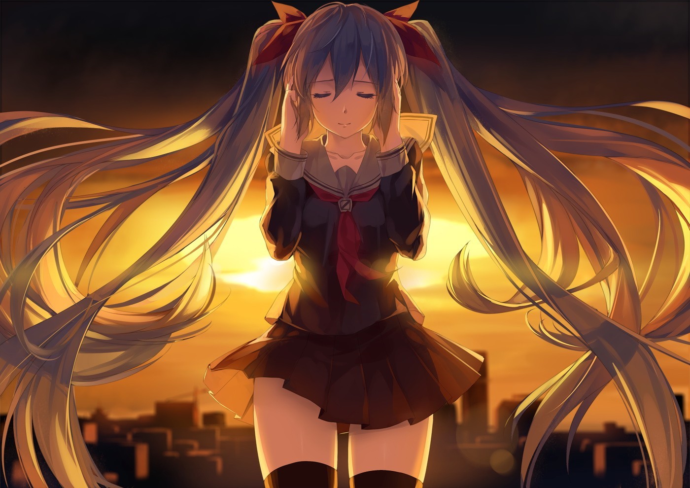Hatsune Miku with long twin tails at sunset HD Wallpaper