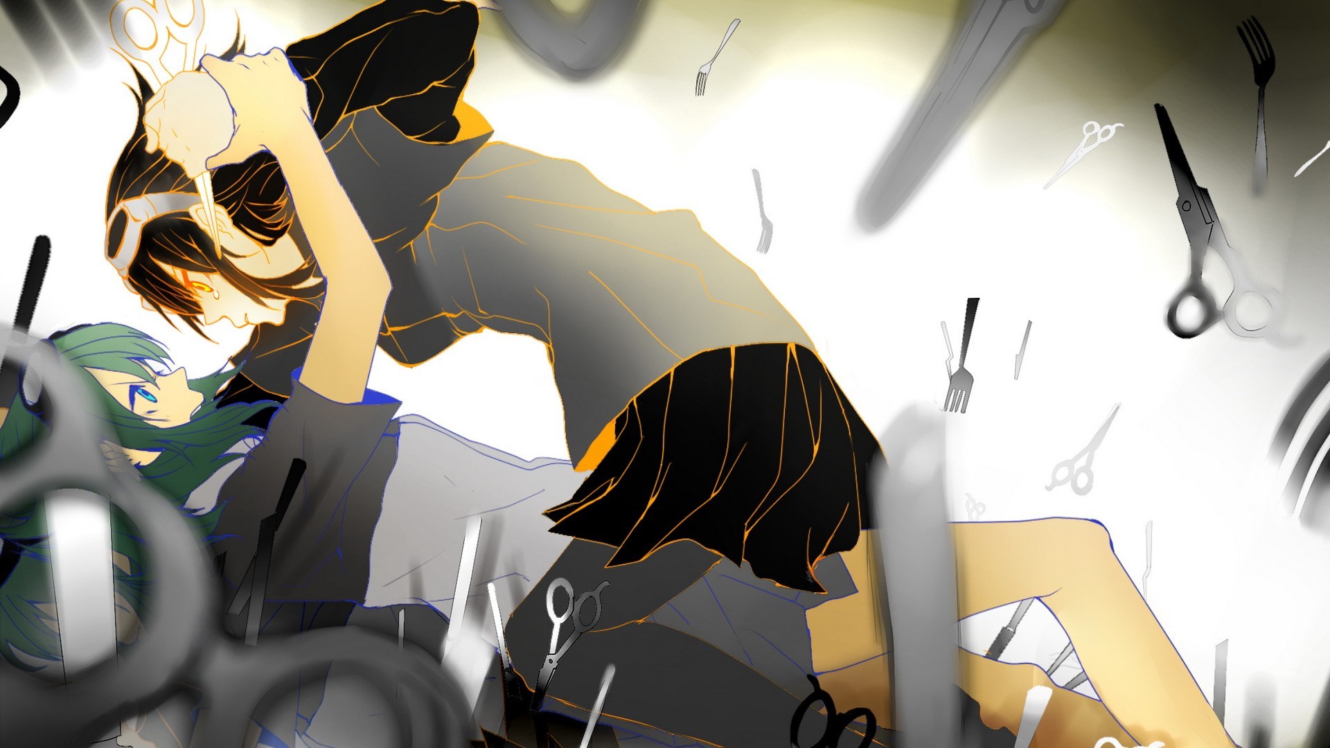 Anime characters with scissors and forks HD Wallpaper