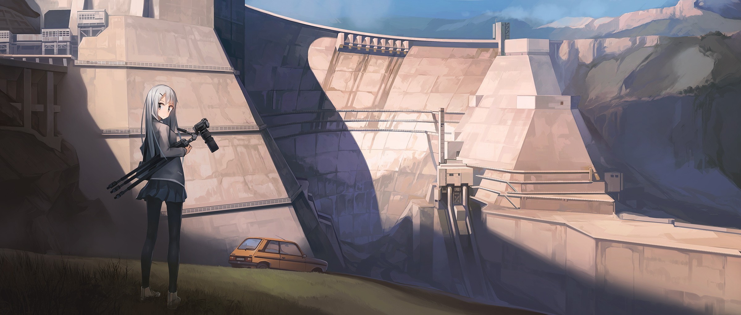 Anime girl with camera at a large dam HD Wallpaper
