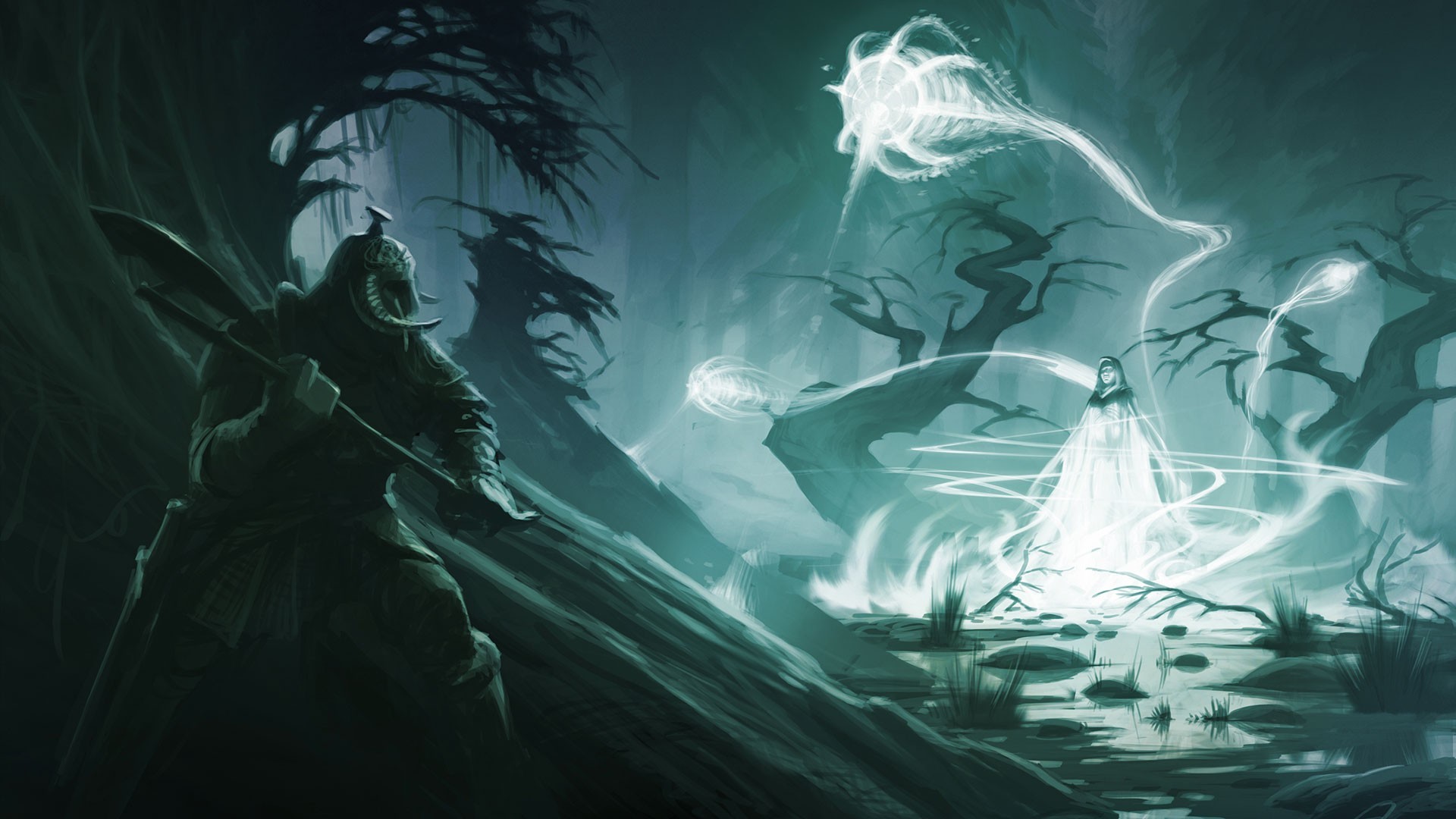 Fantasy art of a warrior facing a spectral figure in Skyrim HD Wallpaper