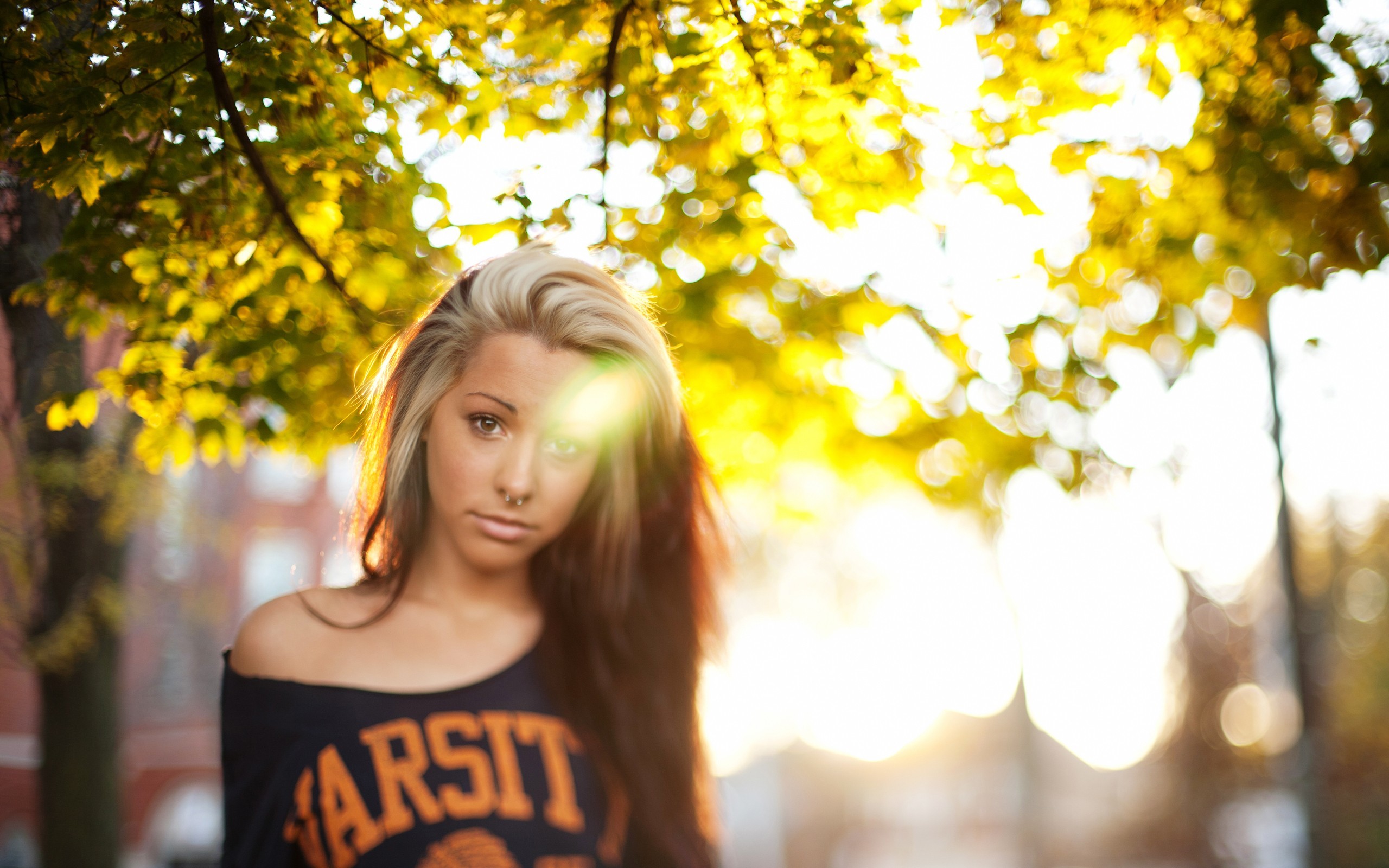 Woman with blonde hair and nose ring outdoors HD Wallpaper