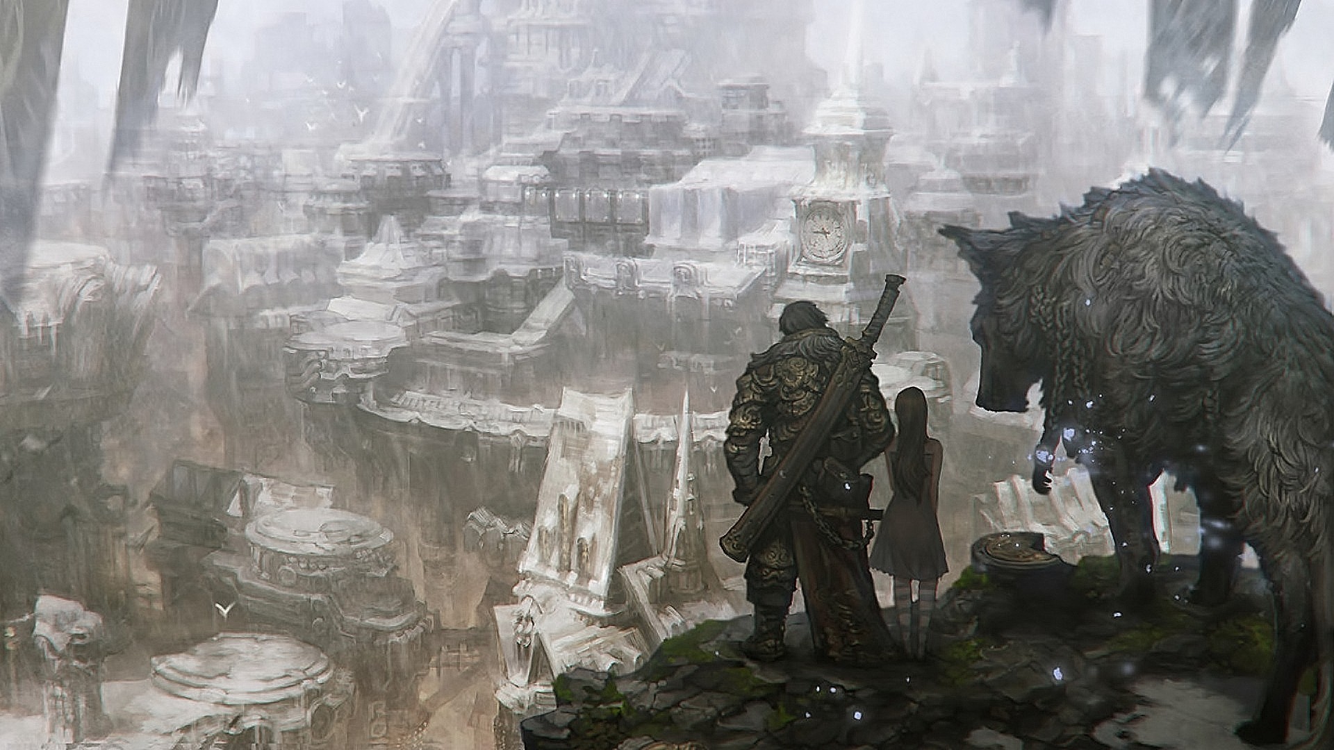 Fantasy art of a city with a wolf and two figures HD Wallpaper