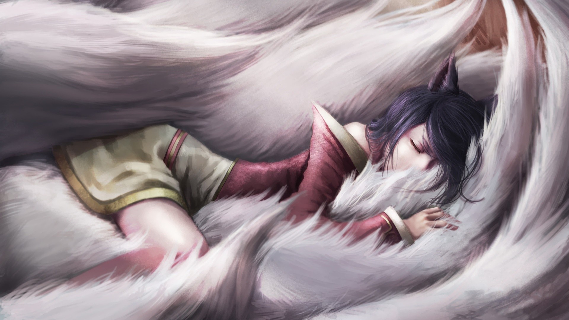 Ahri sleeping surrounded by her tails HD Wallpaper