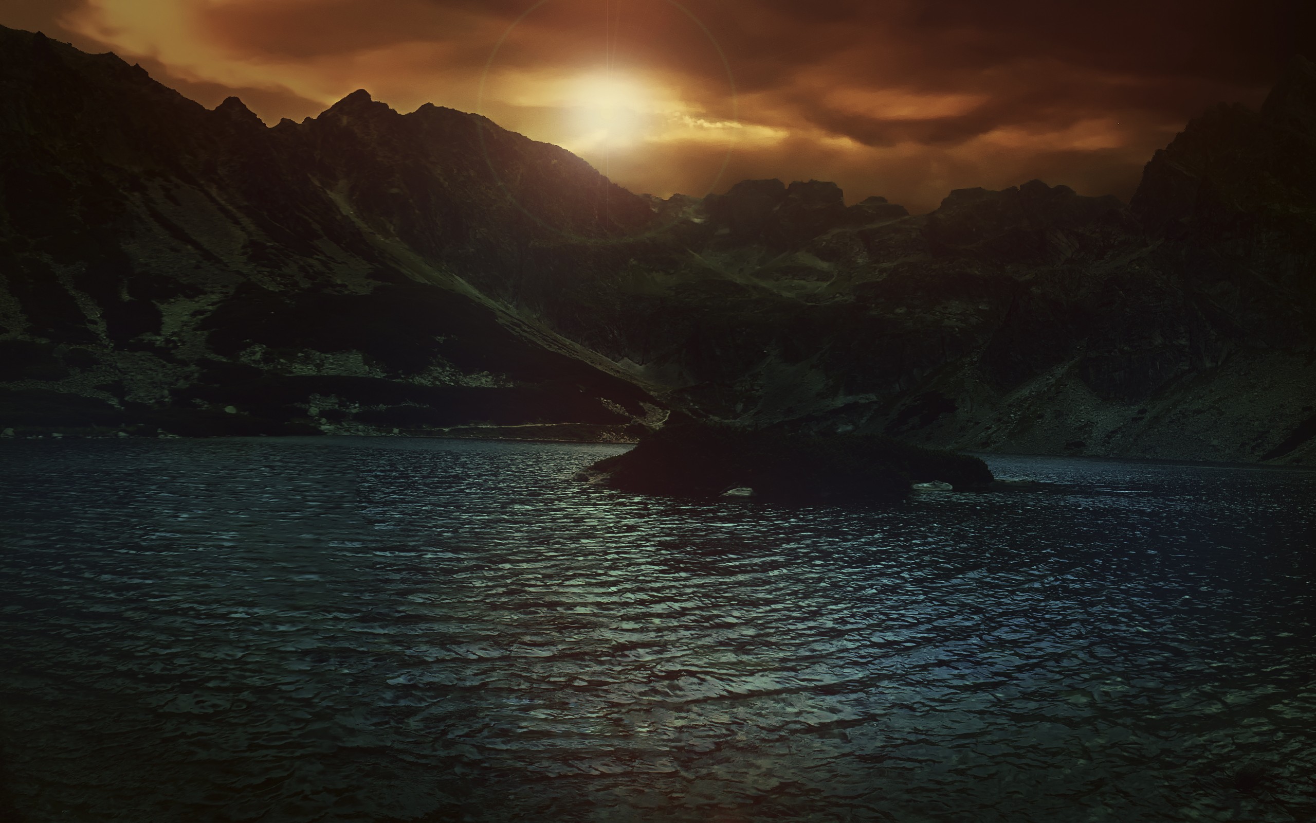 Dark mountains and lake at sunset HD Wallpaper