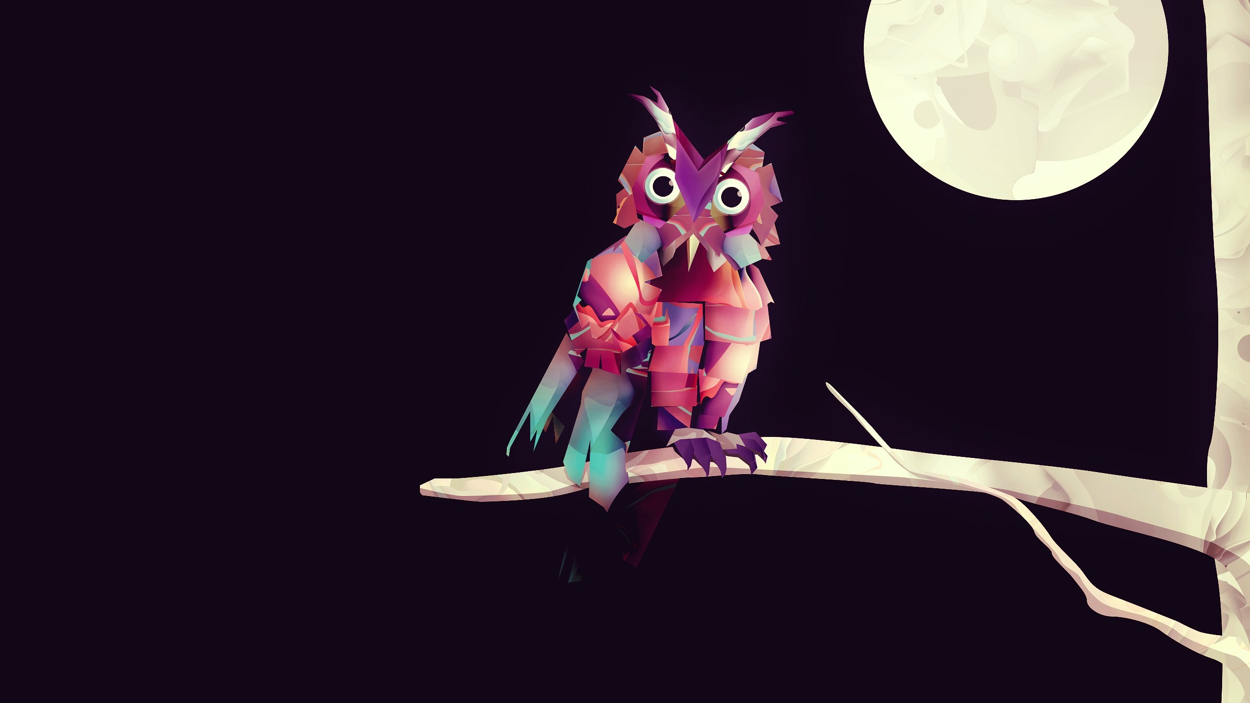 Low poly owl on a branch with a moon HD Wallpaper