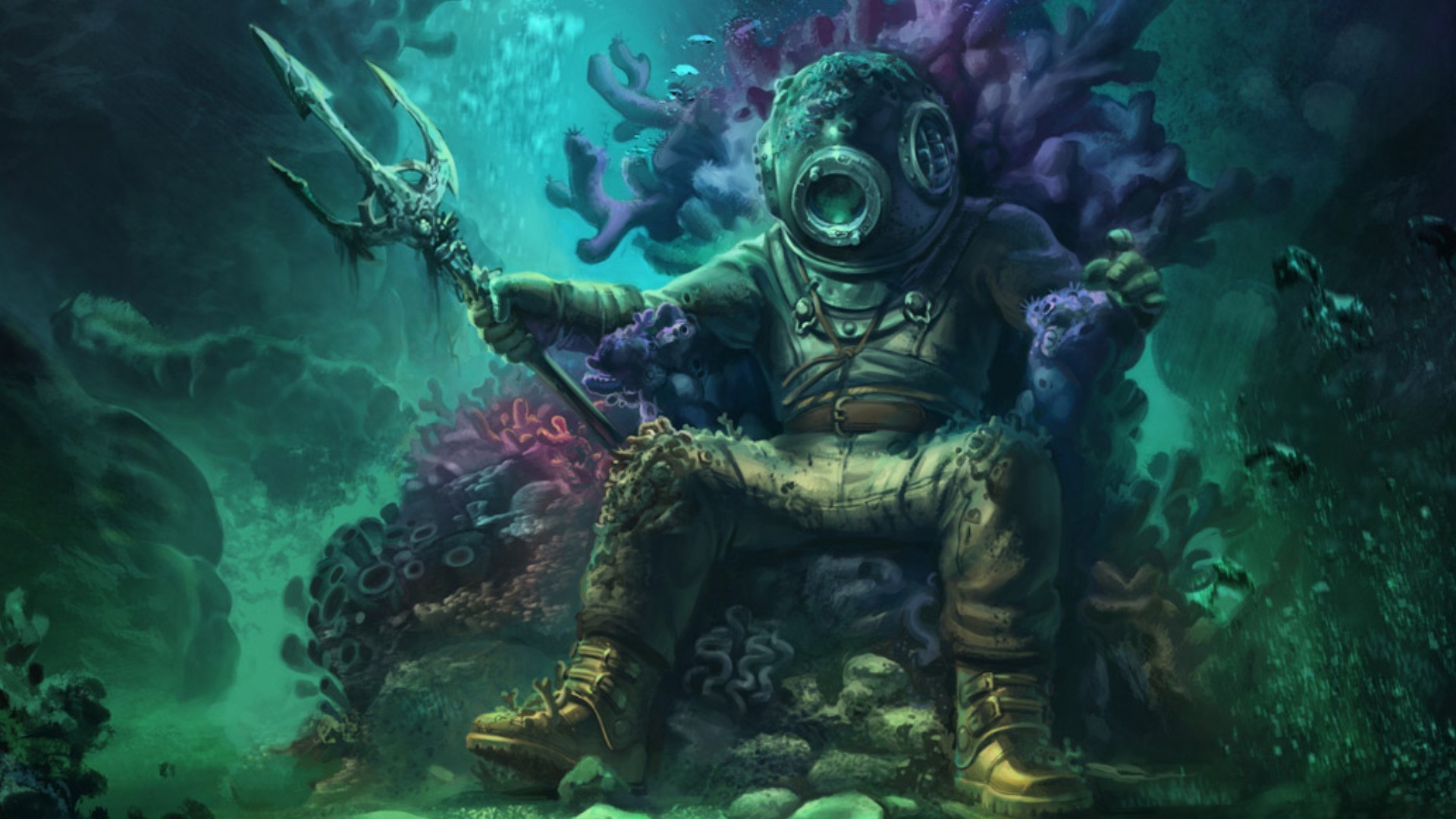 Diver with Trident Sitting on Coral Throne HD Wallpaper