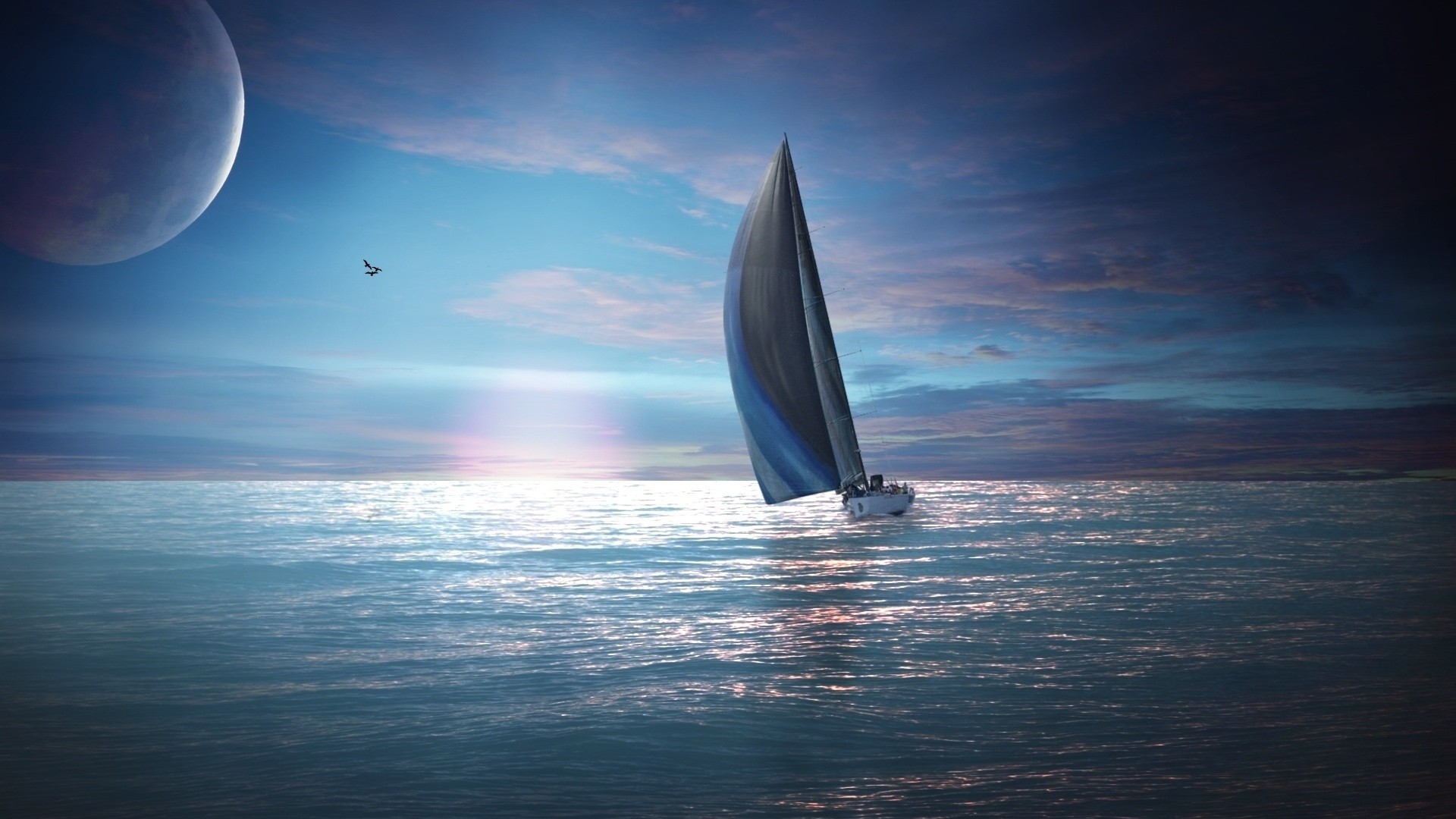 Sailboat on the sea with a large planet in the sky HD Wallpaper