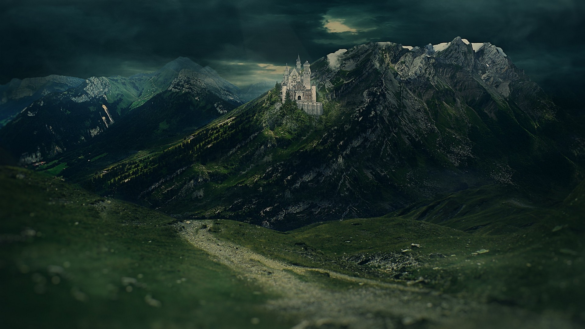 Castle on a mountain peak HD Wallpaper