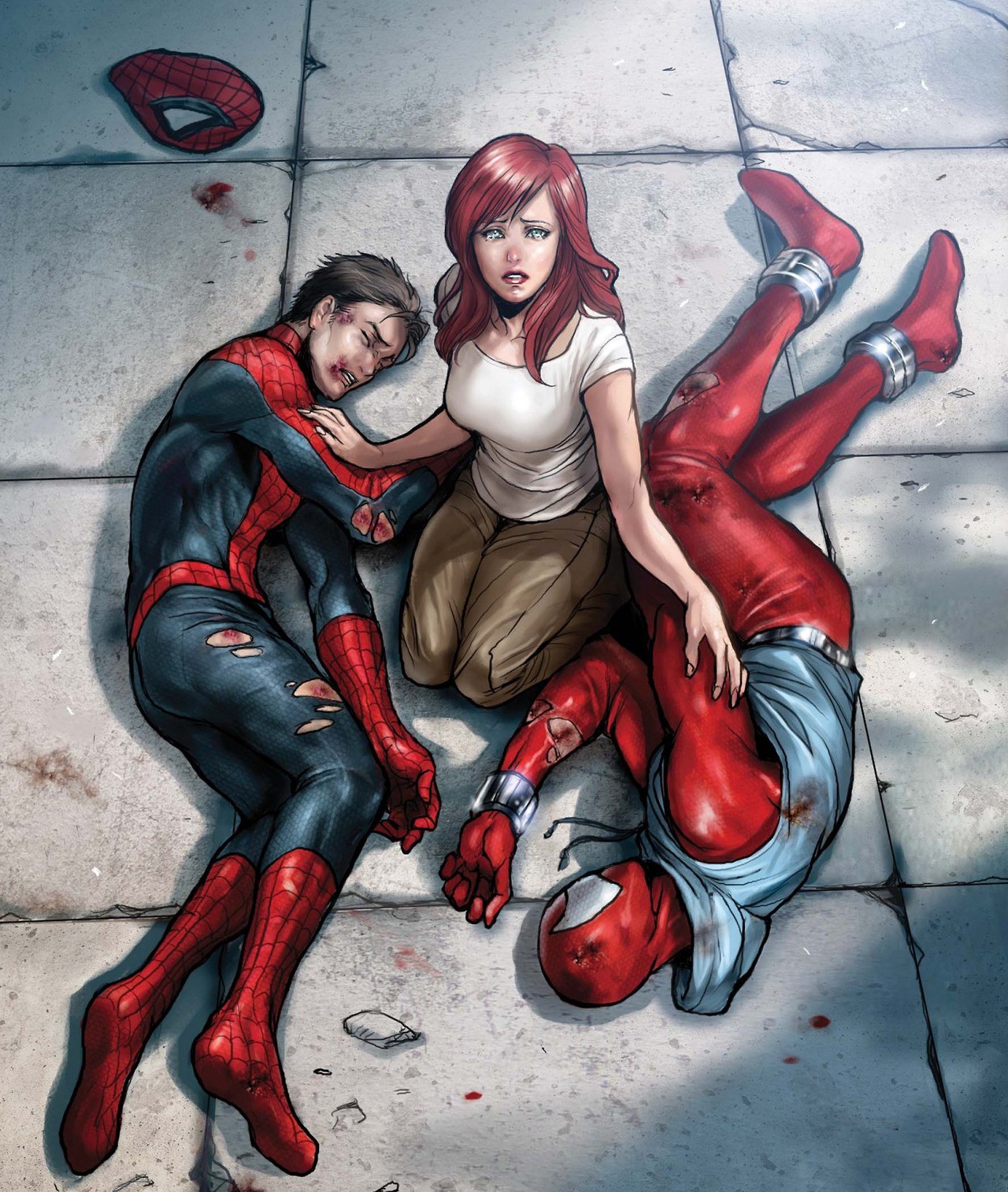 Mary Jane Watson with injured Spider-Men HD Wallpaper