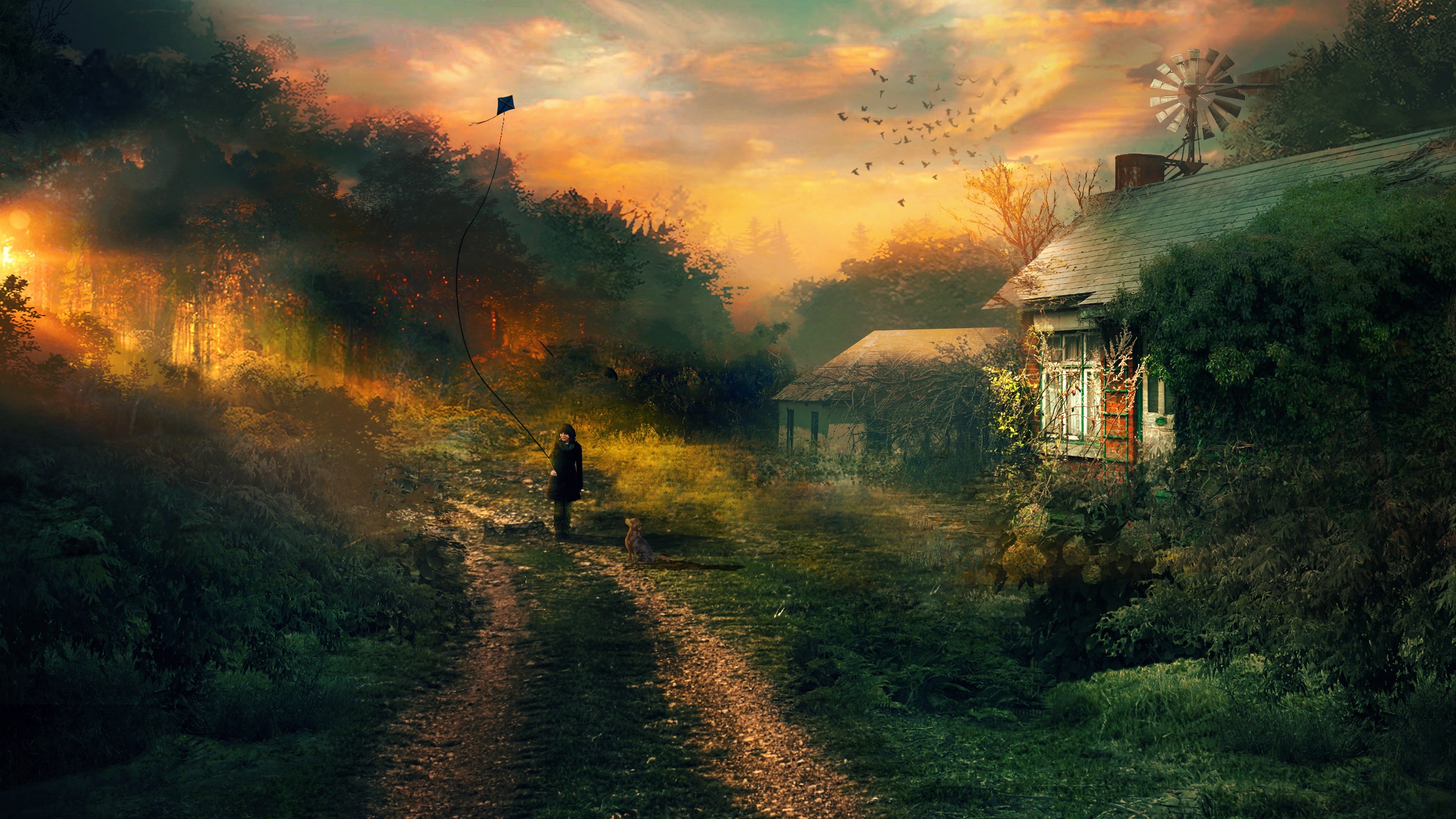 Girl flying a kite near a cottage at sunset HD Wallpaper