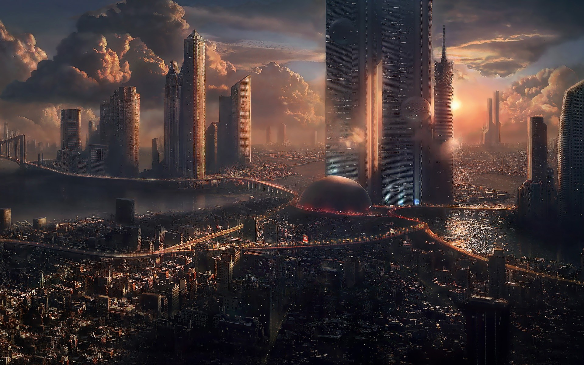 Futuristic cityscape with towering skyscrapers and a domed structure HD Wallpaper