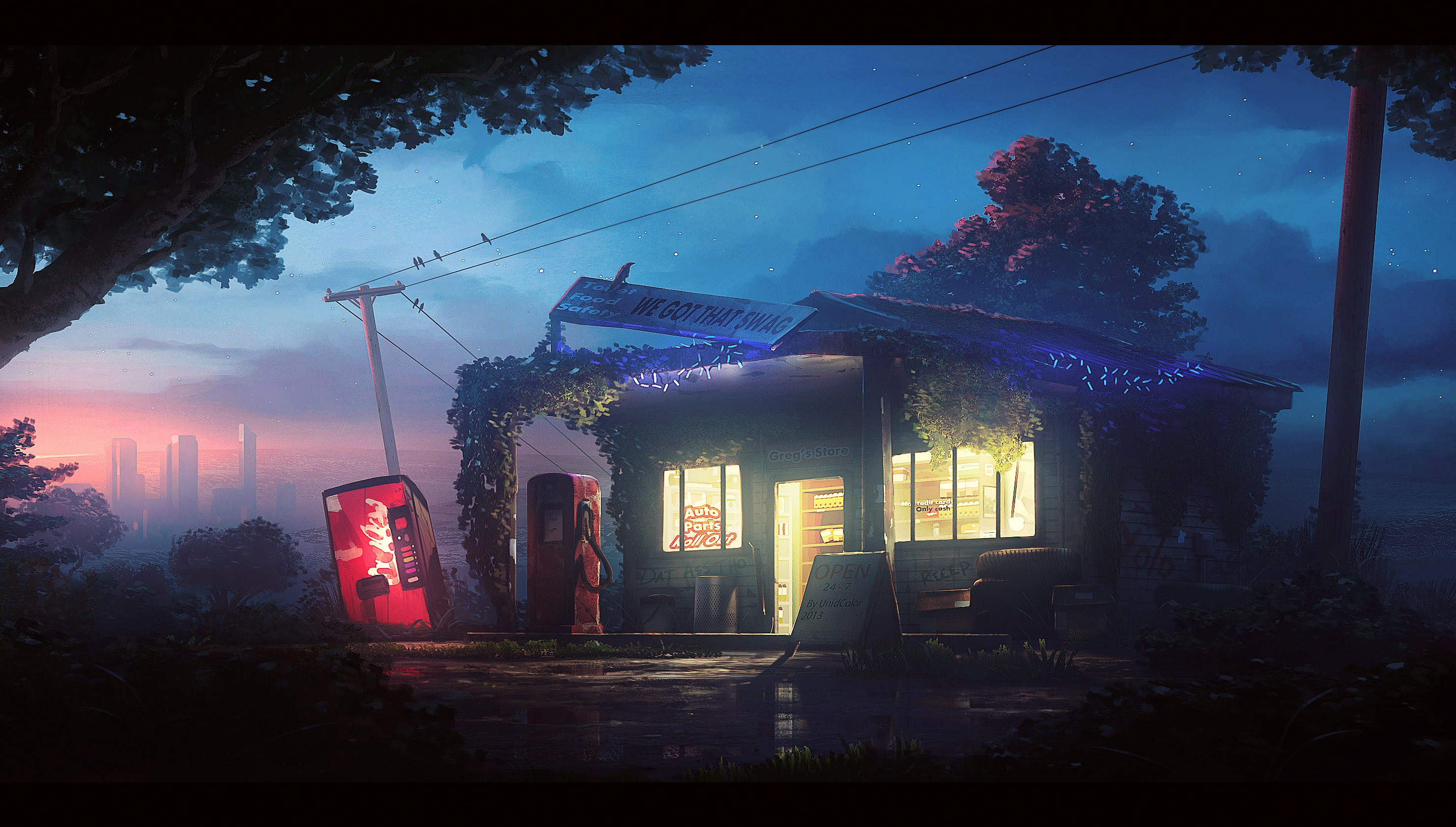 gas stations night anime HD Wallpaper