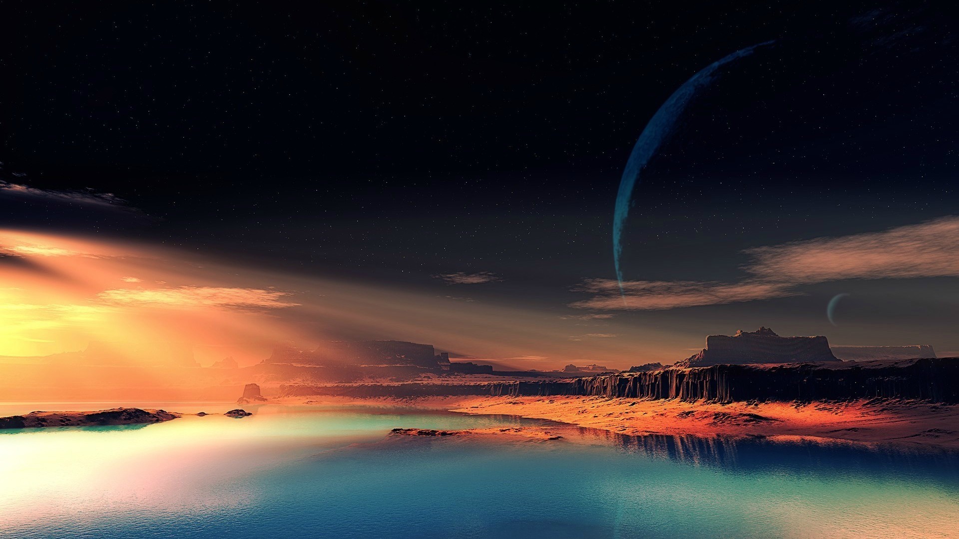 Alien planet landscape with rings and moons HD Wallpaper