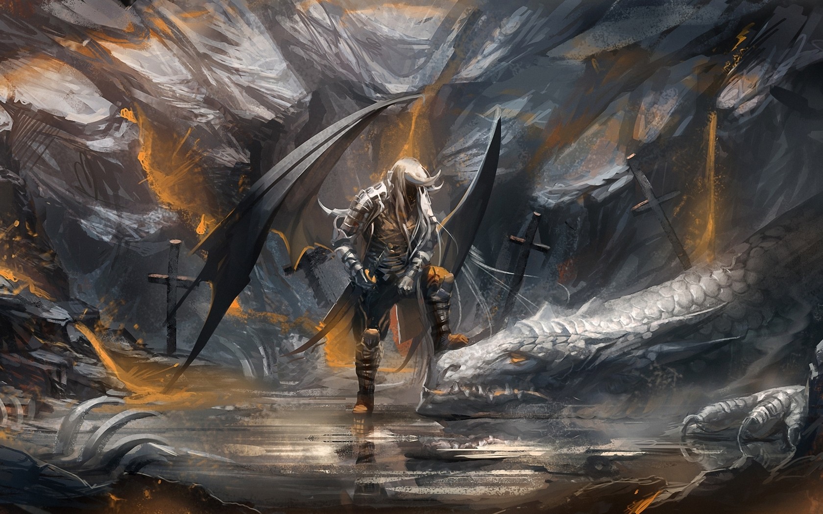 Fantasy art of a winged figure and a dragon HD Wallpaper