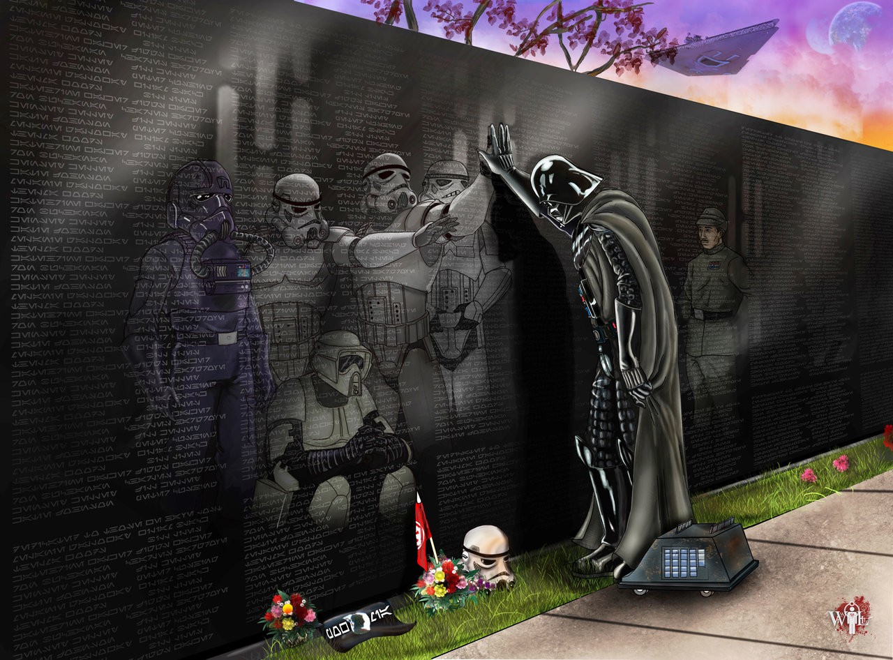 Darth Vader and Stormtroopers at a Memorial Wall HD Wallpaper