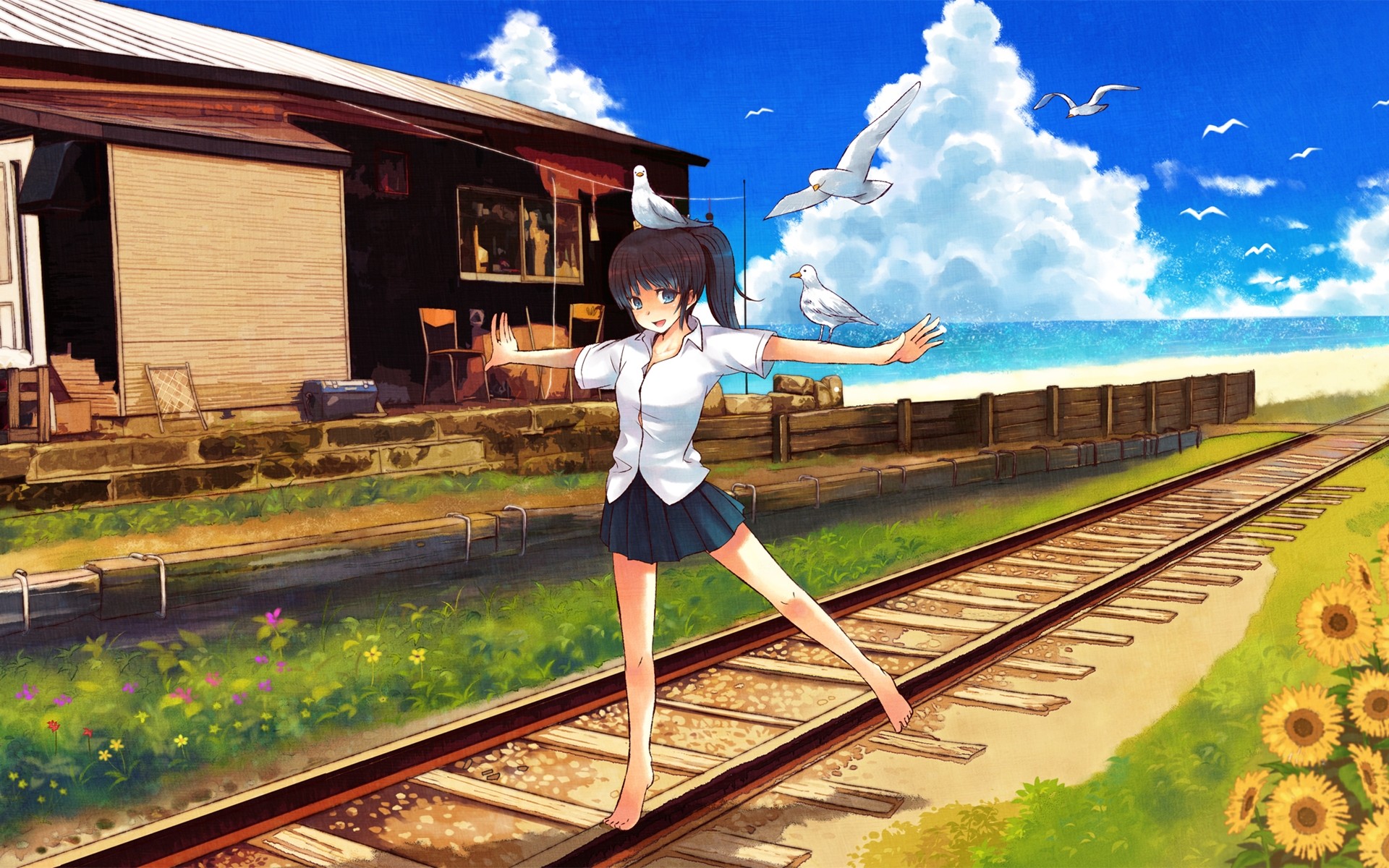 Anime girl in school uniform on train tracks with seagulls HD Wallpaper