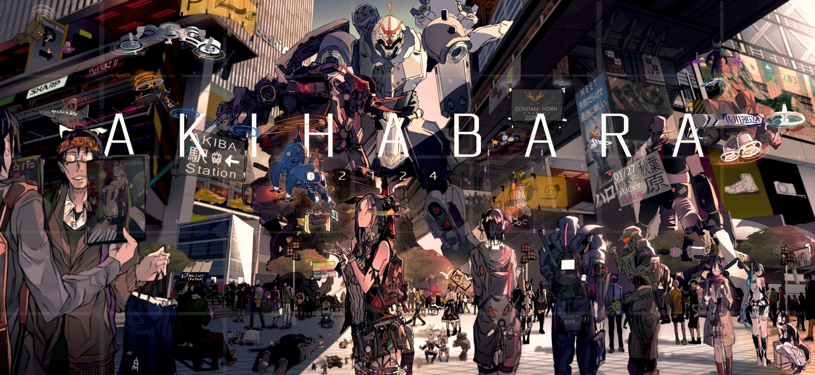 Akihabara Futuristic Cityscape with Mechs and Characters HD Wallpaper