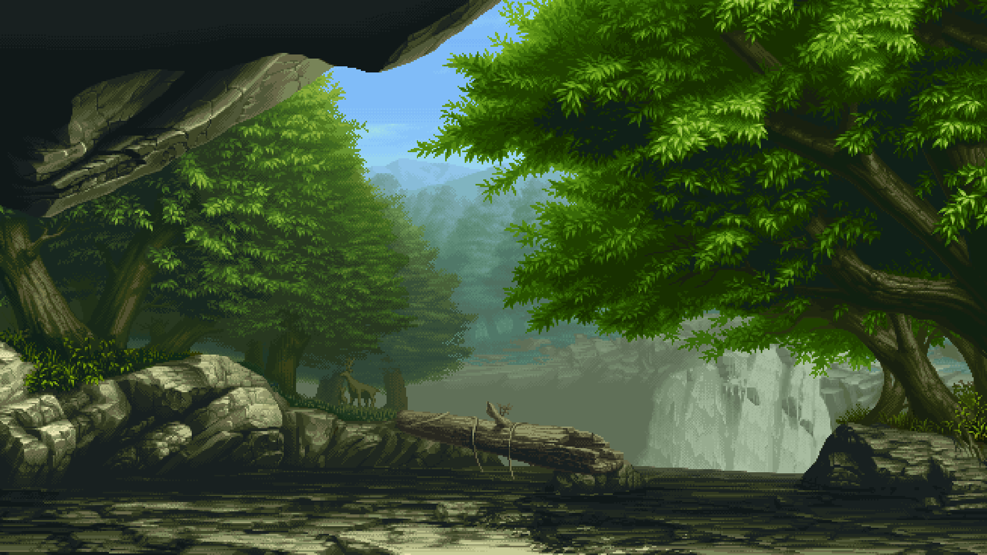 Pixel art forest with trees and rocks HD Wallpaper