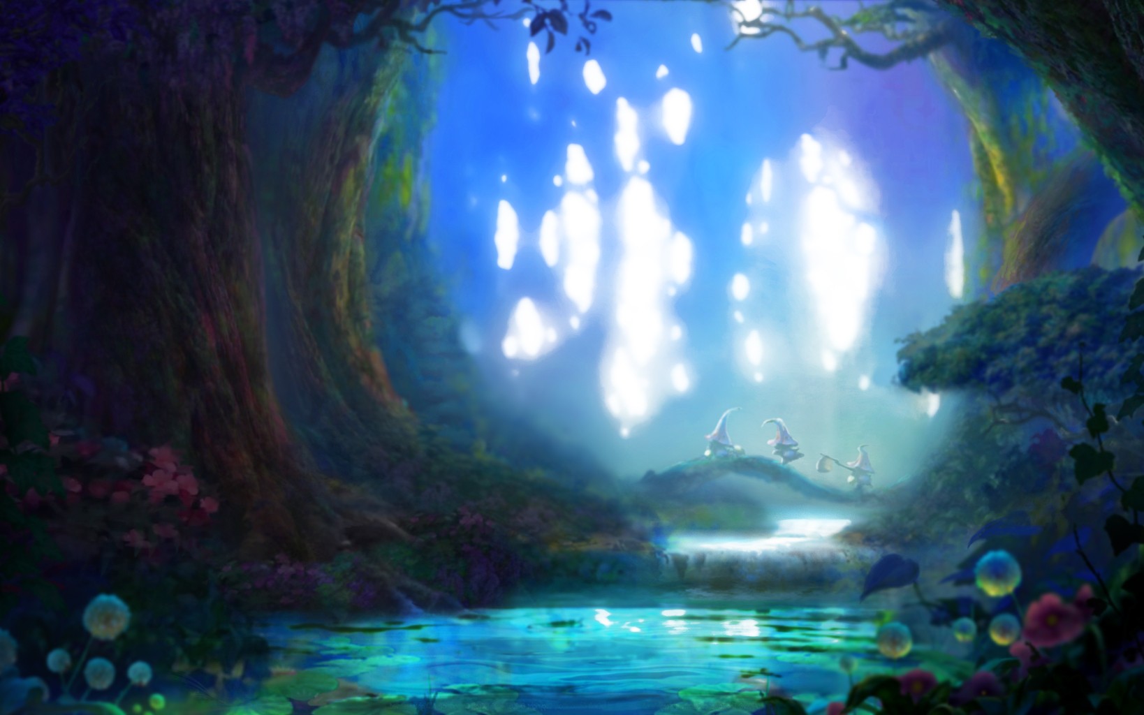 Fantasy forest with glowing lights and small figures HD Wallpaper