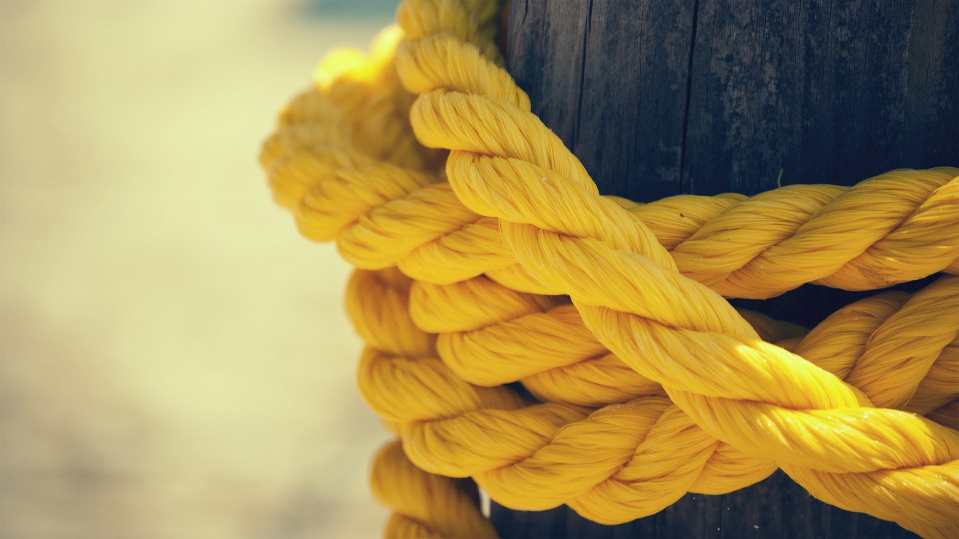 Thick yellow rope tied around a wooden post HD Wallpaper